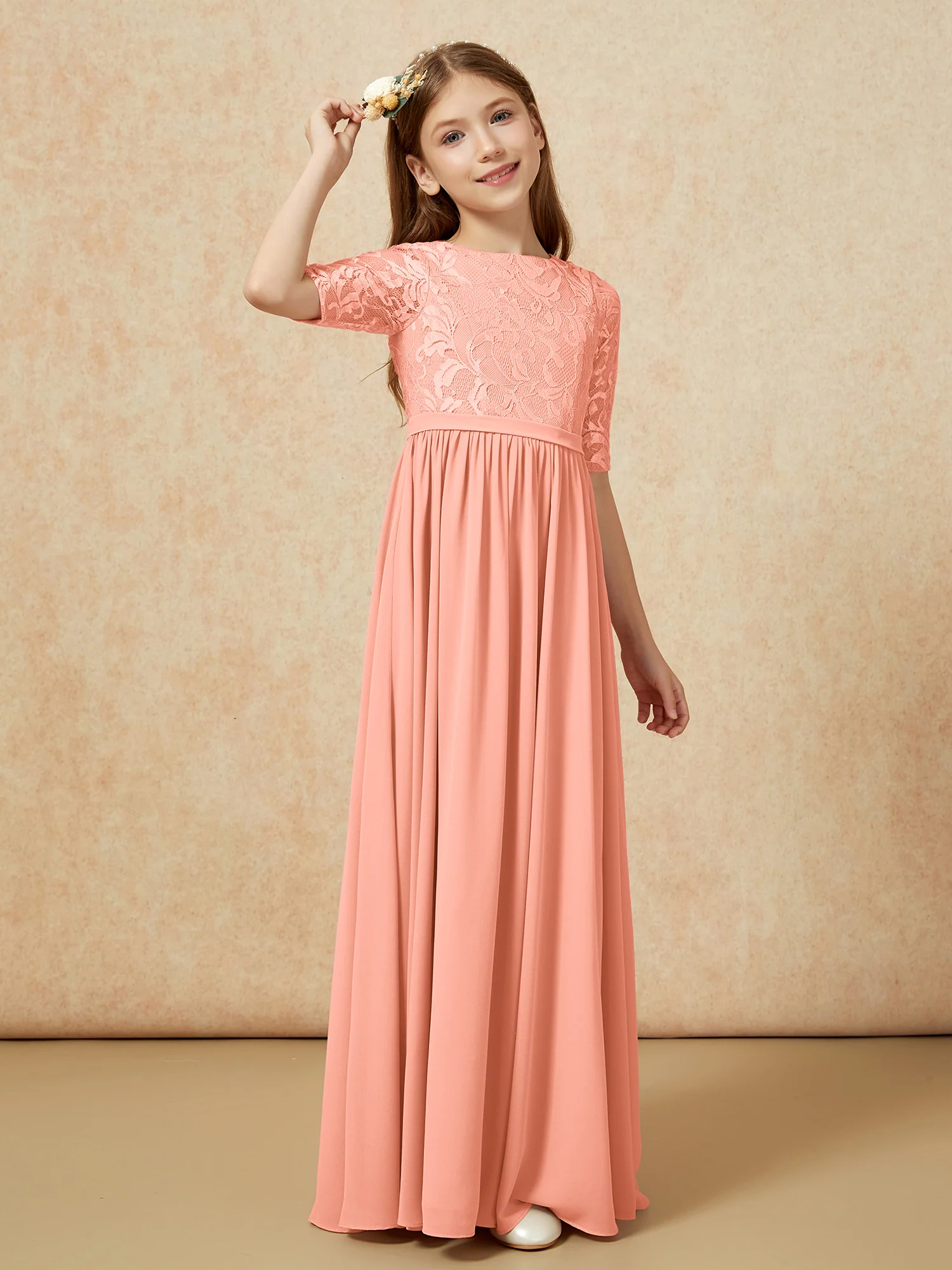 Half Sleeve Lace Top Chiffon Junior Bridesmaid Dresses Papaya - Image 3