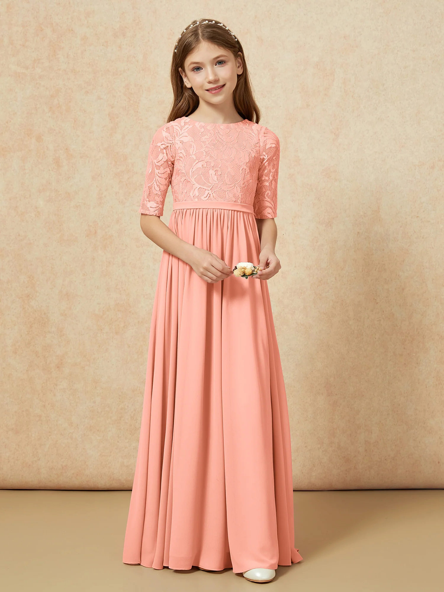 Half Sleeve Lace Top Chiffon Junior Bridesmaid Dresses Papaya - Image 4