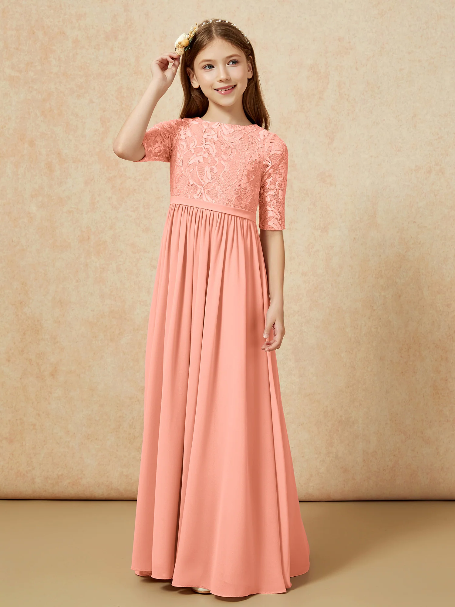 Half Sleeve Lace Top Chiffon Junior Bridesmaid Dresses Papaya - Image 5