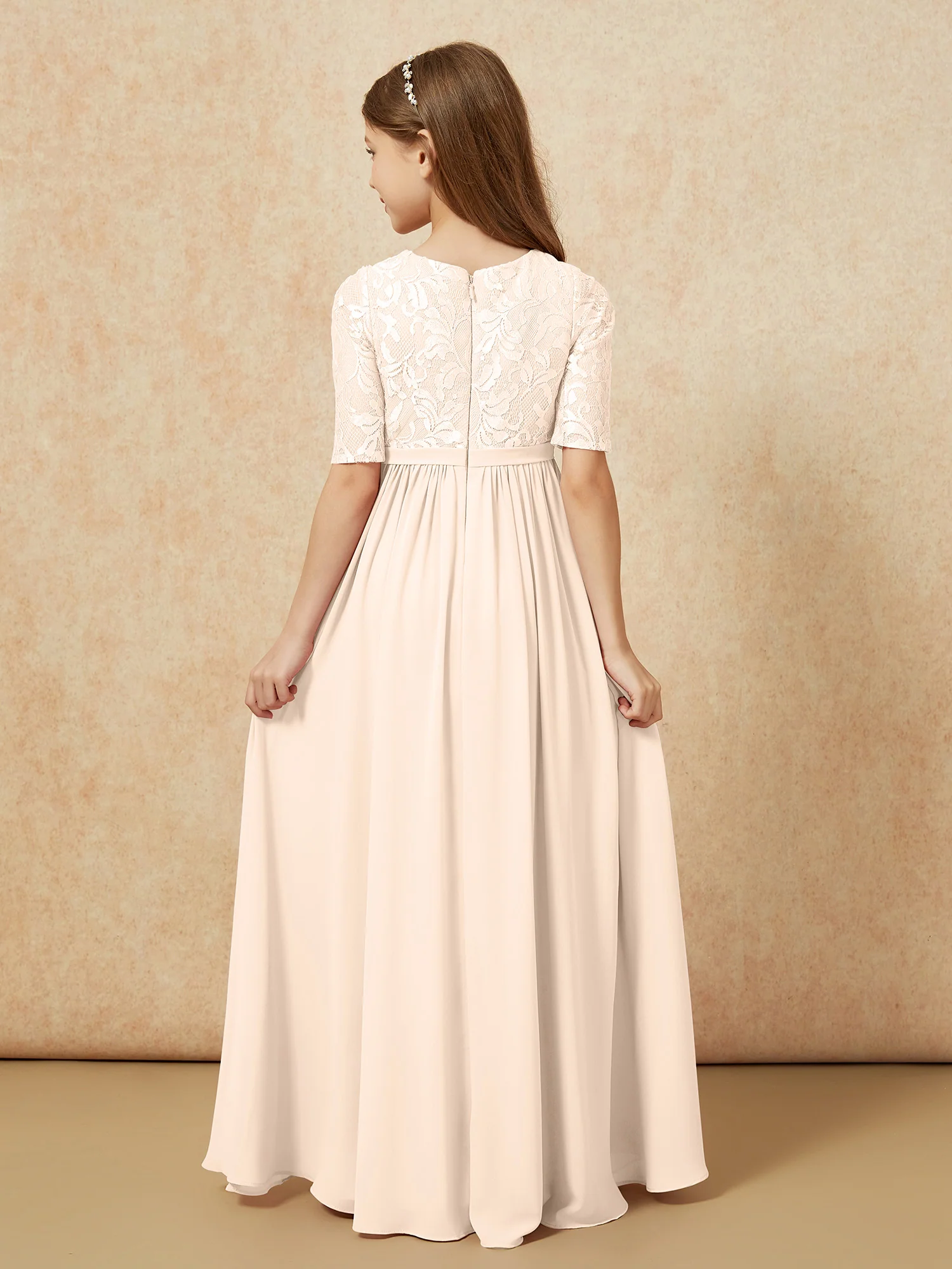 Half Sleeve Lace Top Chiffon Junior Bridesmaid Dresses Peach - Image 2