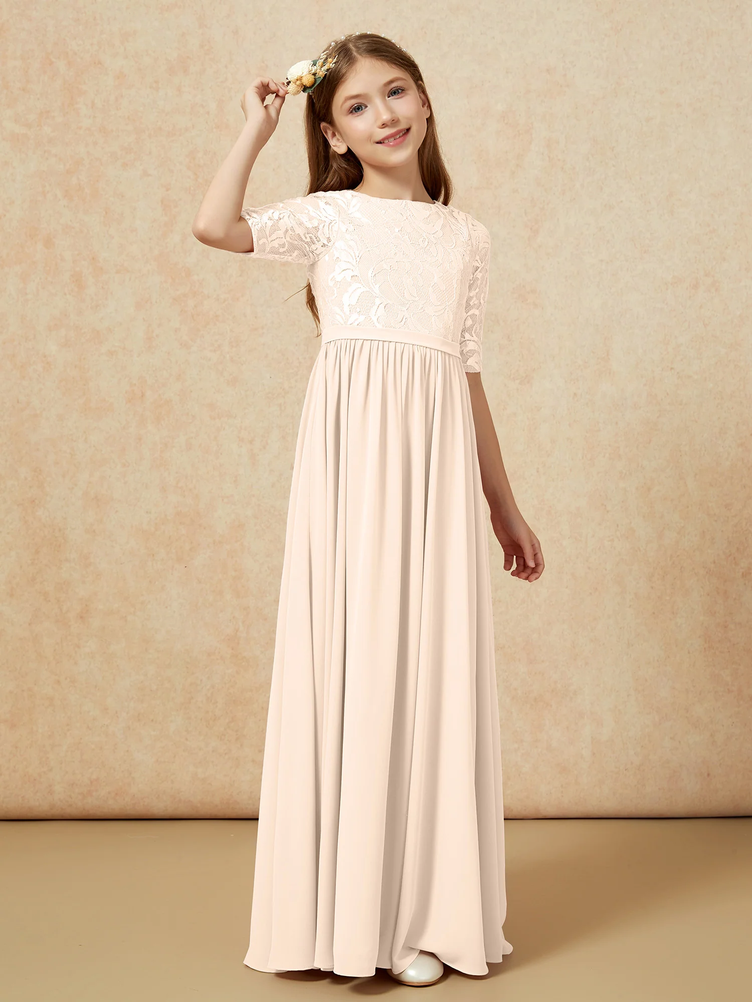 Half Sleeve Lace Top Chiffon Junior Bridesmaid Dresses Peach - Image 3