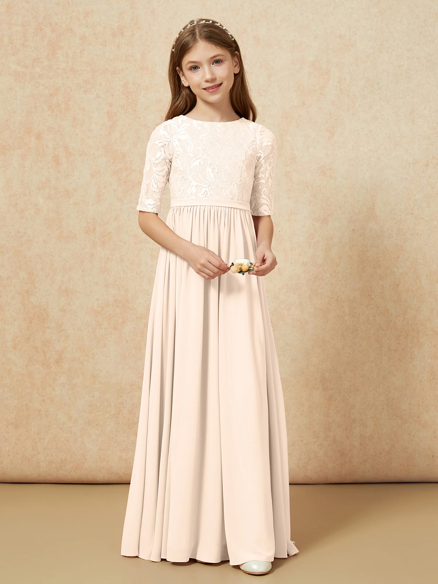 Half Sleeve Lace Top Chiffon Junior Bridesmaid Dresses Peach - Image 4