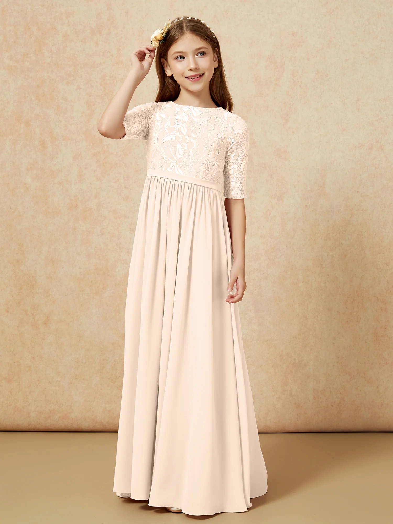 Half Sleeve Lace Top Chiffon Junior Bridesmaid Dresses Peach - Image 5