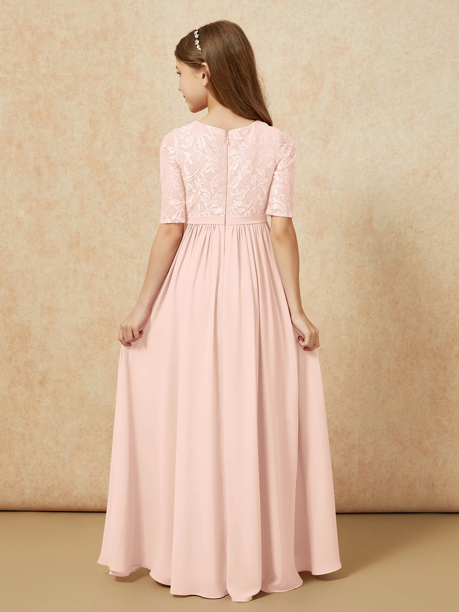 Half Sleeve Lace Top Chiffon Junior Bridesmaid Dresses Pearl Pink - Image 2