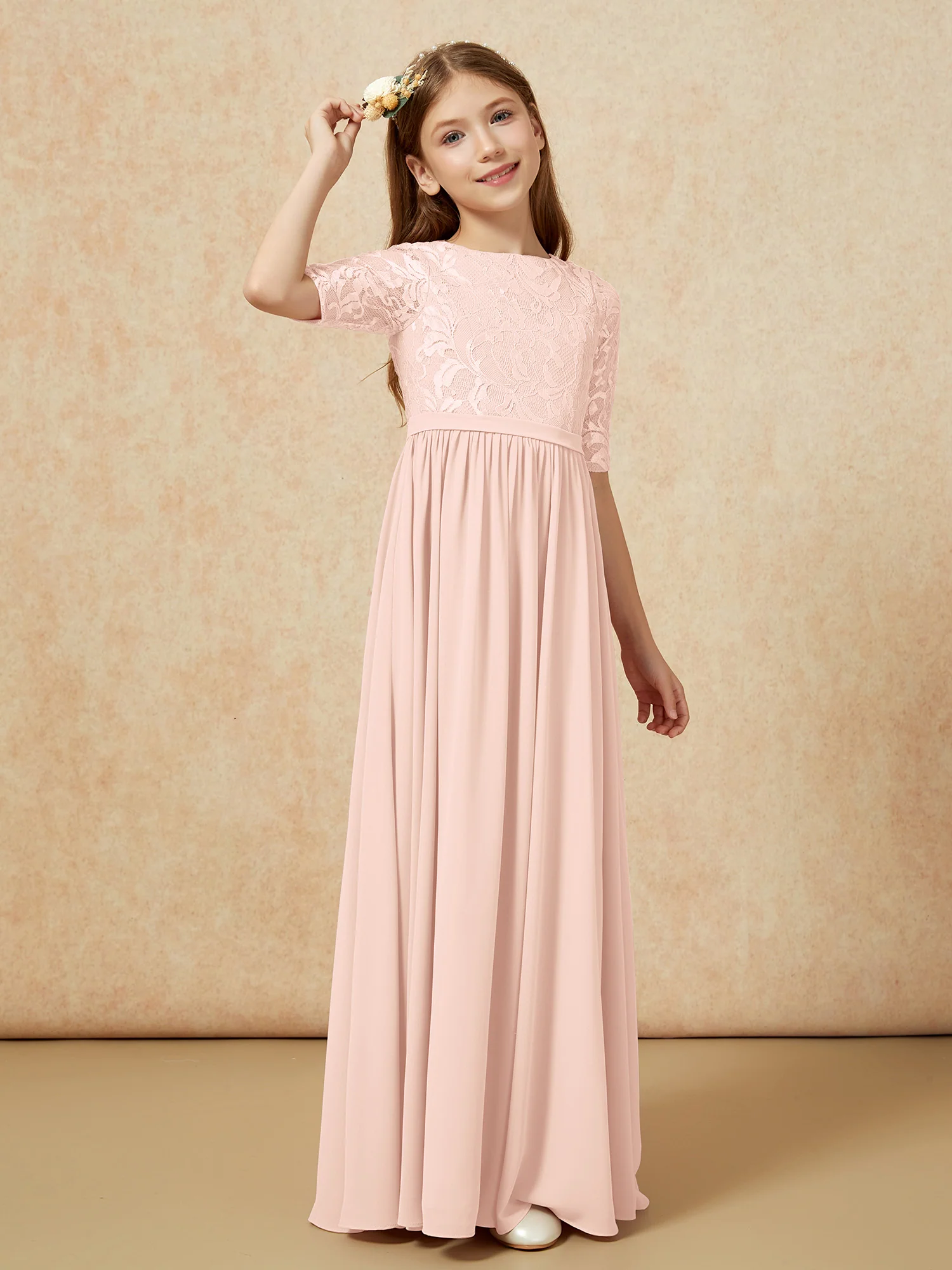 Half Sleeve Lace Top Chiffon Junior Bridesmaid Dresses Pearl Pink - Image 3