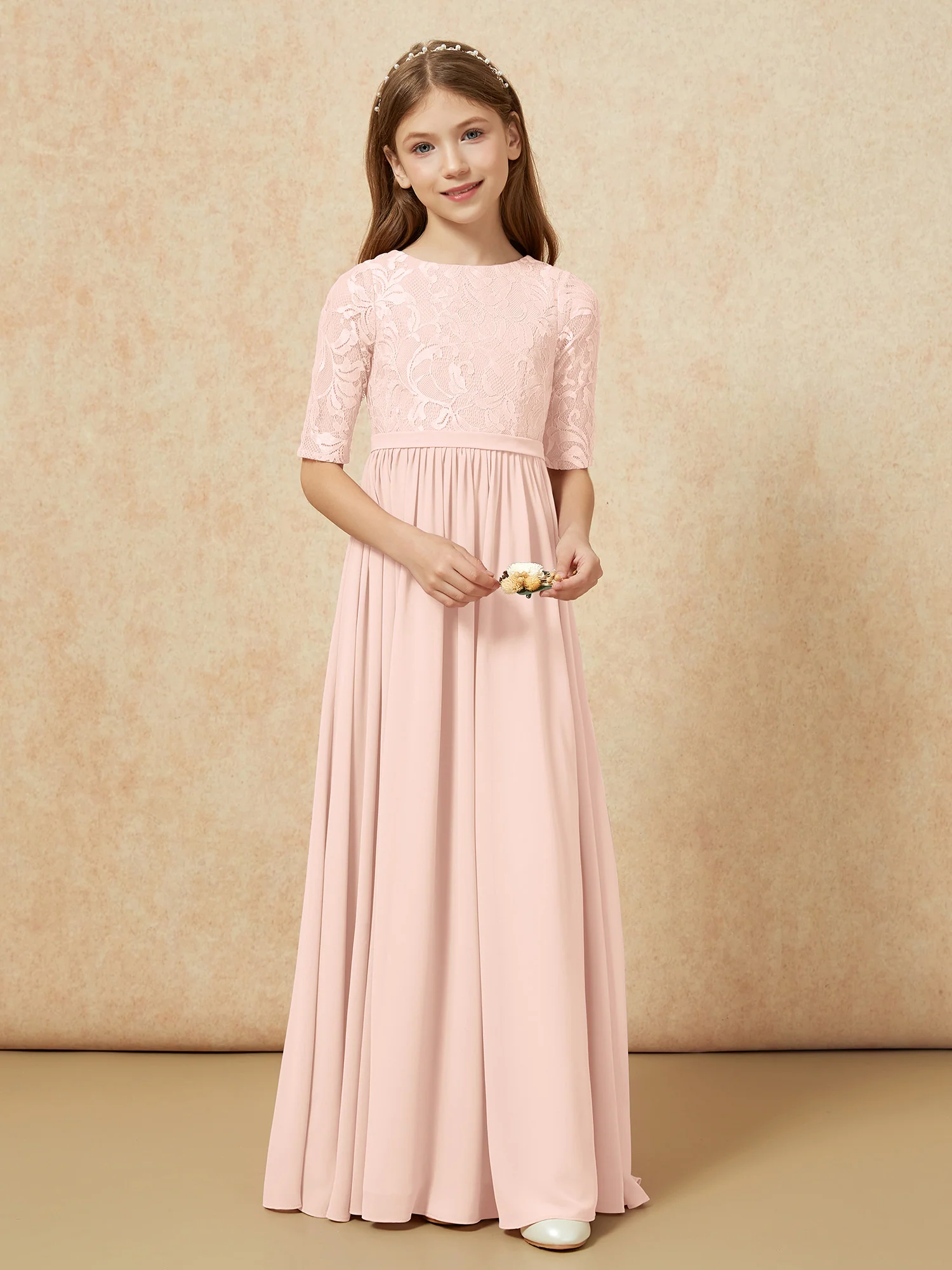 Half Sleeve Lace Top Chiffon Junior Bridesmaid Dresses Pearl Pink - Image 4