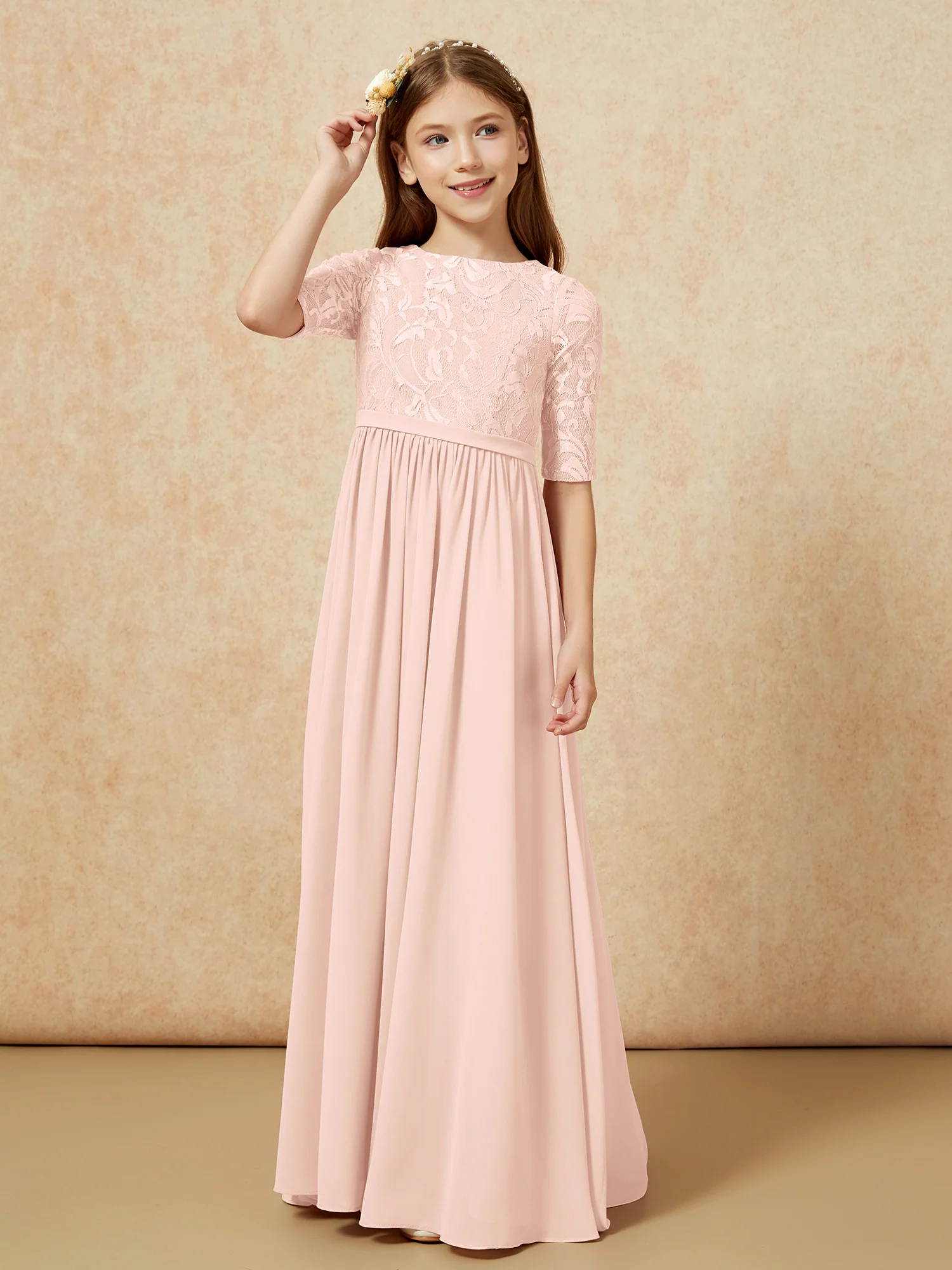 Half Sleeve Lace Top Chiffon Junior Bridesmaid Dresses Pearl Pink - Image 5