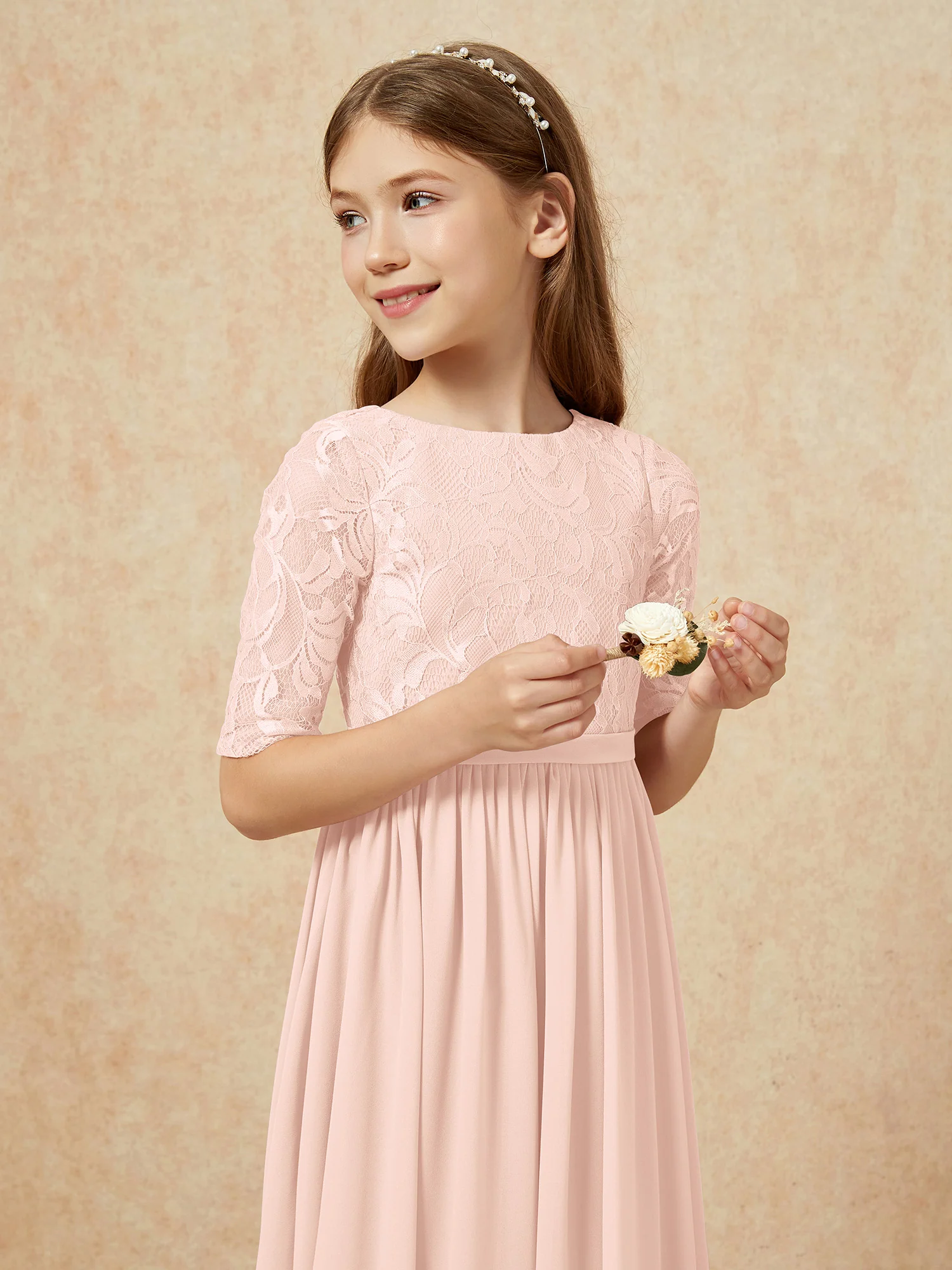 Half Sleeve Lace Top Chiffon Junior Bridesmaid Dresses Pearl Pink - Image 6