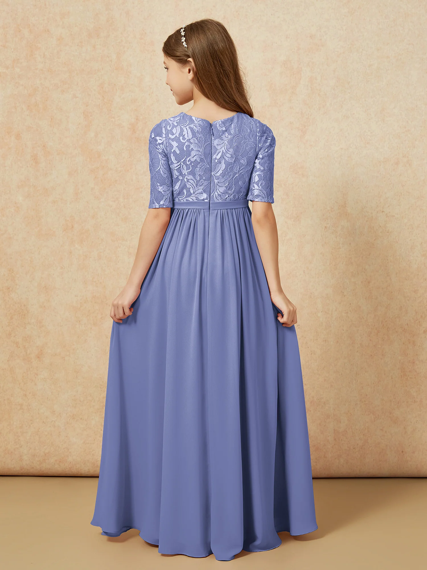 Half Sleeve Lace Top Chiffon Junior Bridesmaid Dresses Periwinkle - Image 2