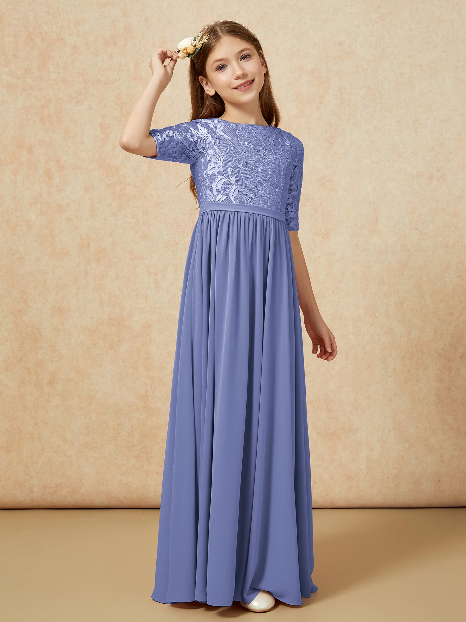 Half Sleeve Lace Top Chiffon Junior Bridesmaid Dresses Periwinkle - Image 3
