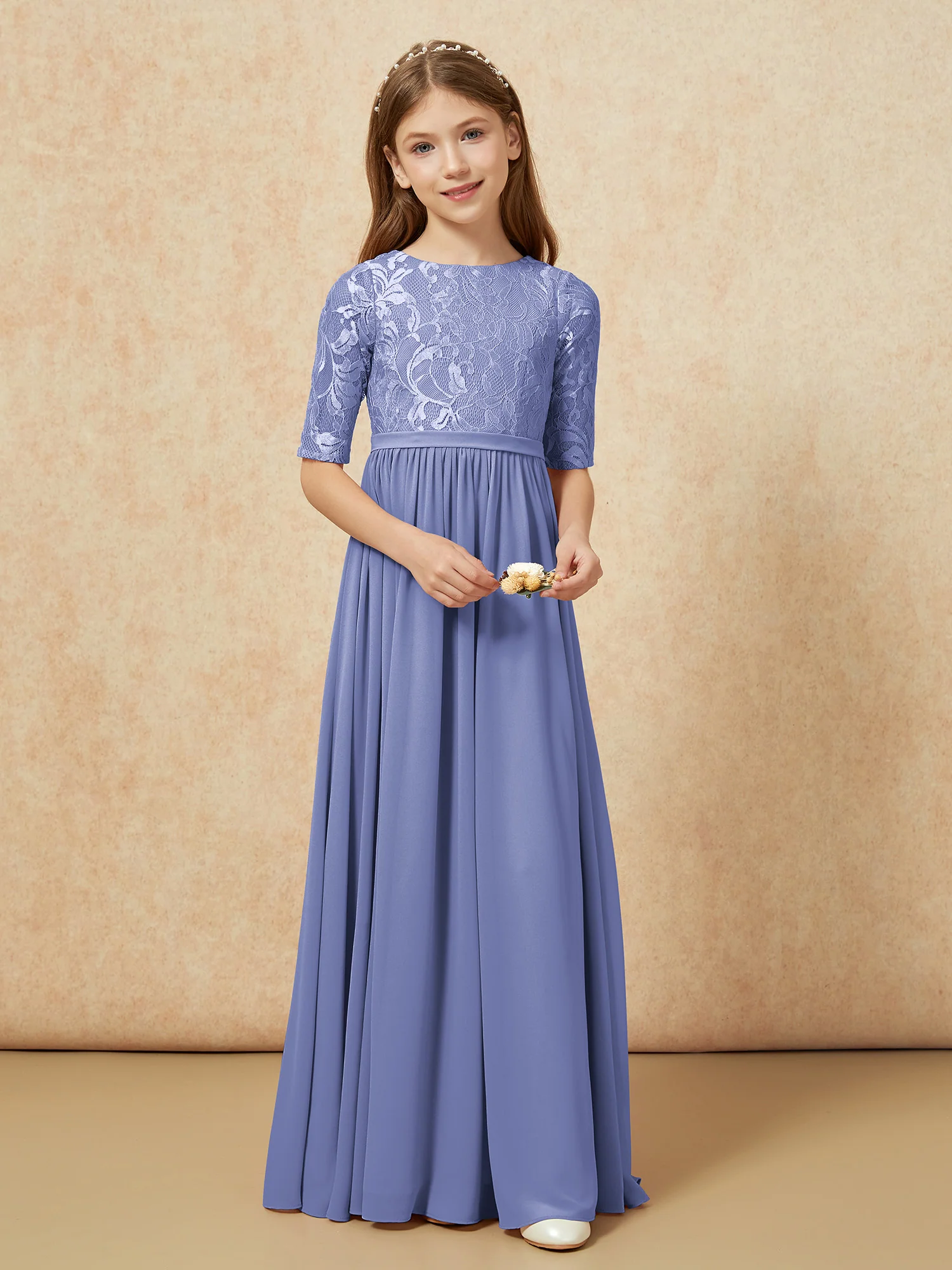 Half Sleeve Lace Top Chiffon Junior Bridesmaid Dresses Periwinkle - Image 4