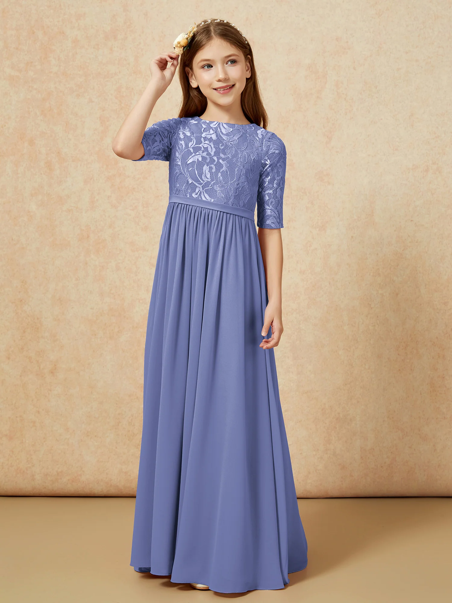 Half Sleeve Lace Top Chiffon Junior Bridesmaid Dresses Periwinkle - Image 5