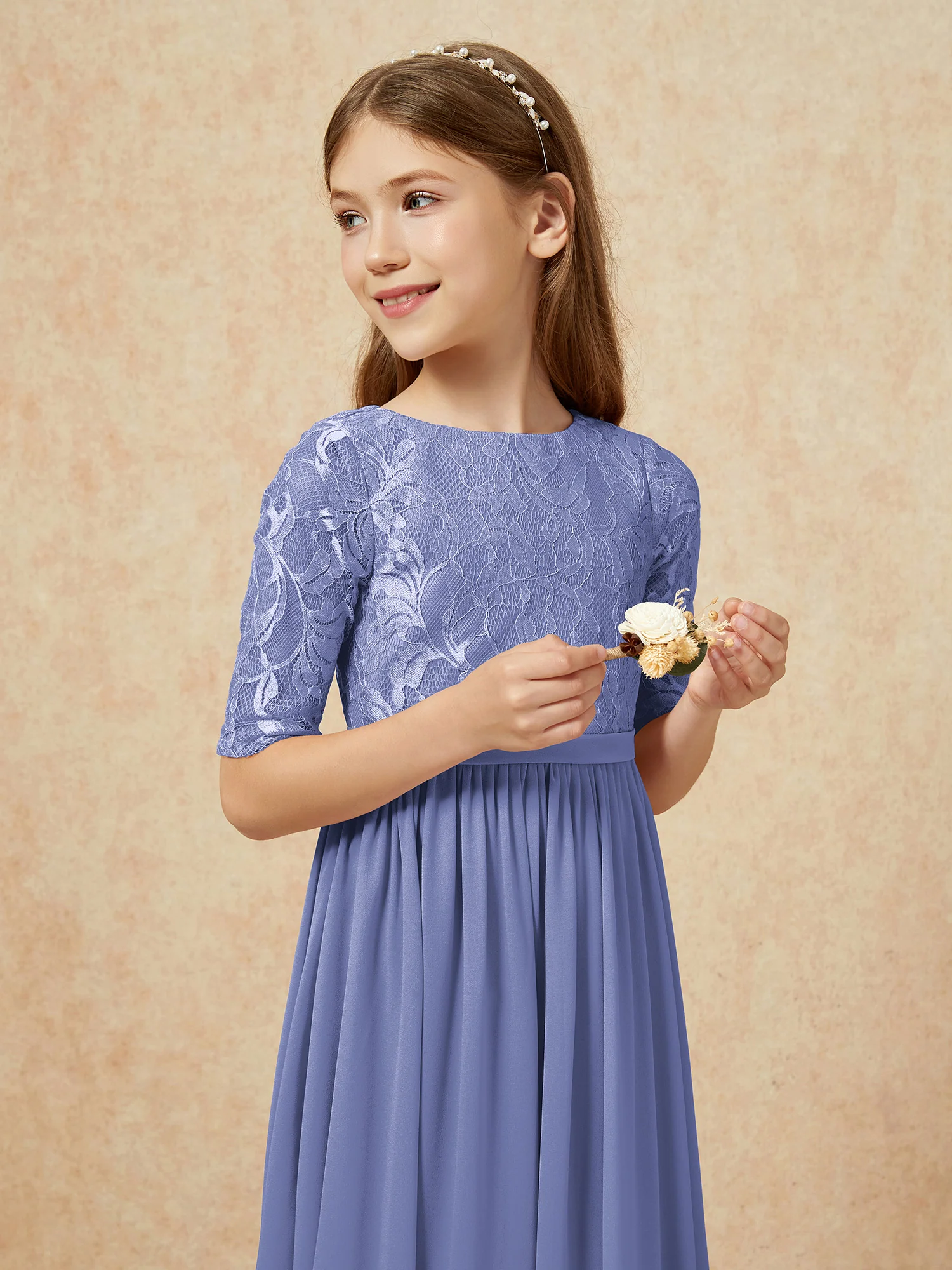 Half Sleeve Lace Top Chiffon Junior Bridesmaid Dresses Periwinkle - Image 6