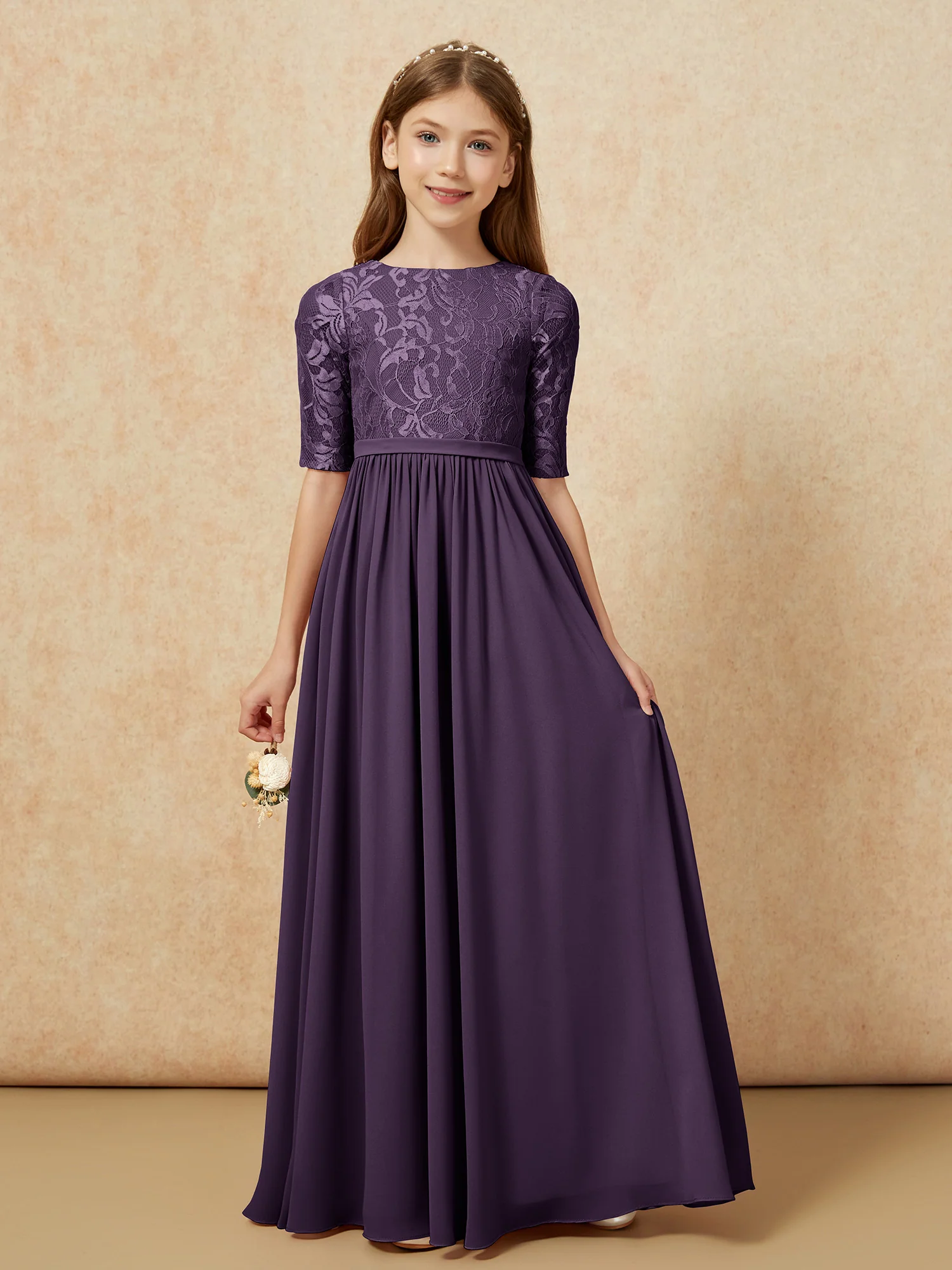 Half Sleeve Lace Top Chiffon Junior Bridesmaid Dresses Plum