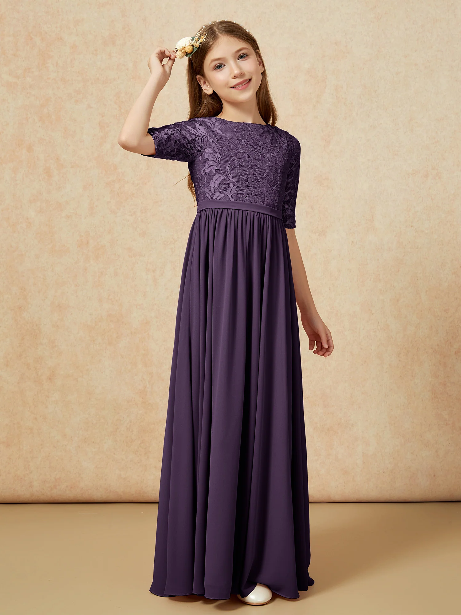 Half Sleeve Lace Top Chiffon Junior Bridesmaid Dresses Plum - Image 3