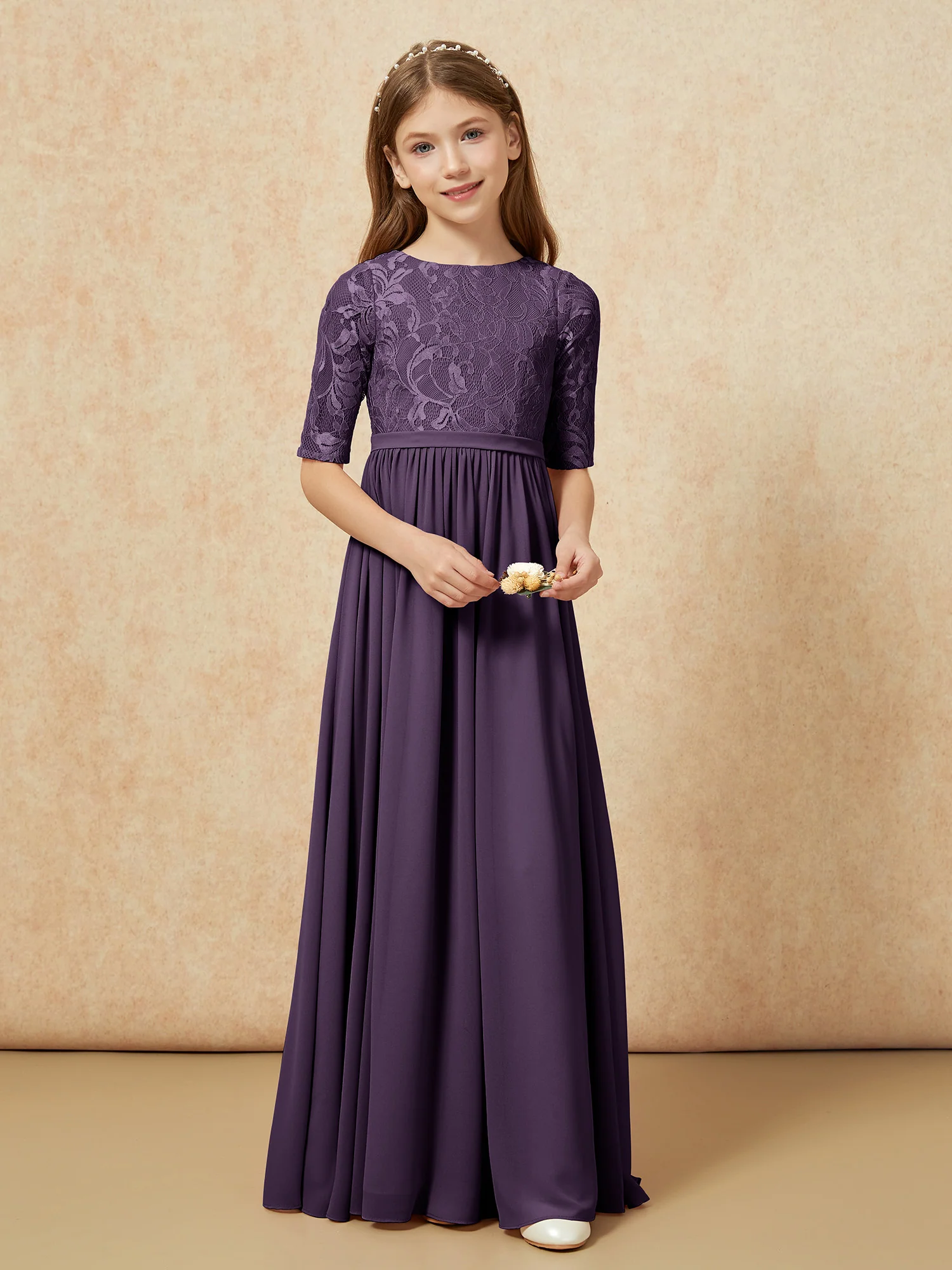 Half Sleeve Lace Top Chiffon Junior Bridesmaid Dresses Plum - Image 4