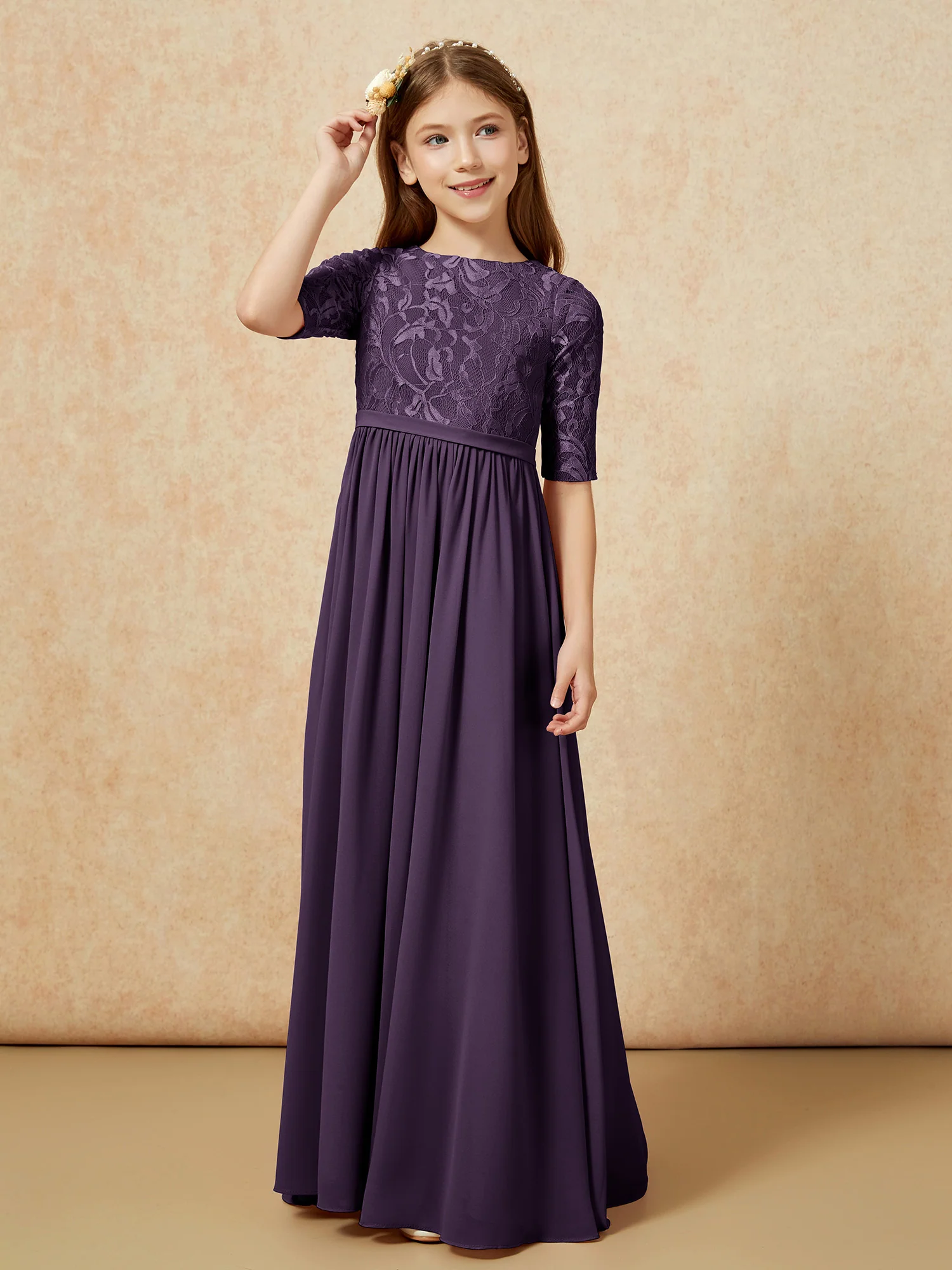 Half Sleeve Lace Top Chiffon Junior Bridesmaid Dresses Plum - Image 5