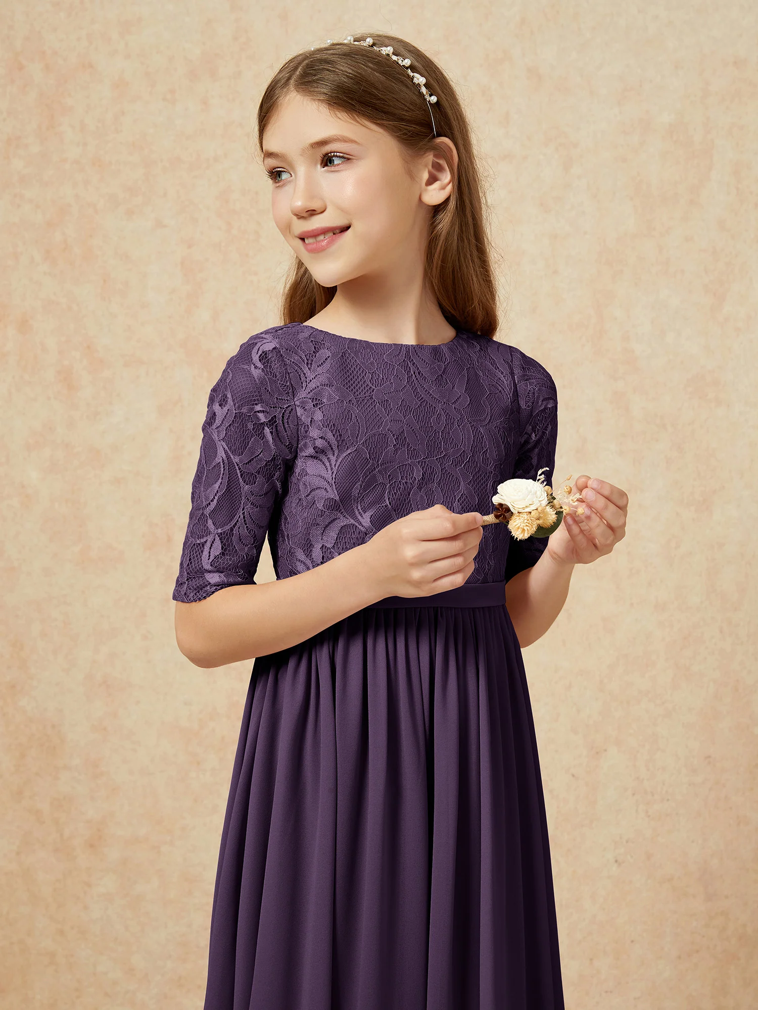 Half Sleeve Lace Top Chiffon Junior Bridesmaid Dresses Plum - Image 6