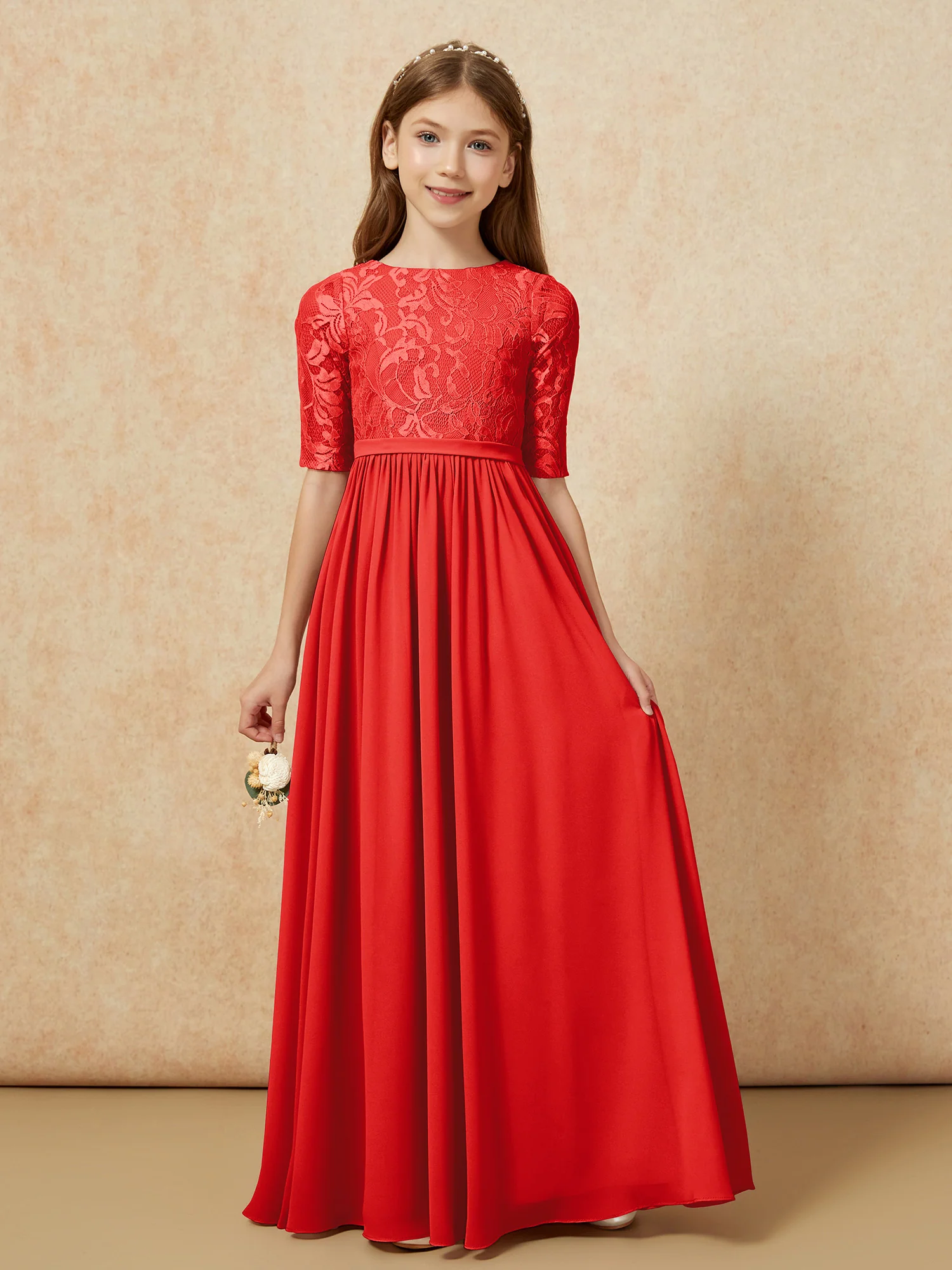 Half Sleeve Lace Top Chiffon Junior Bridesmaid Dresses Red