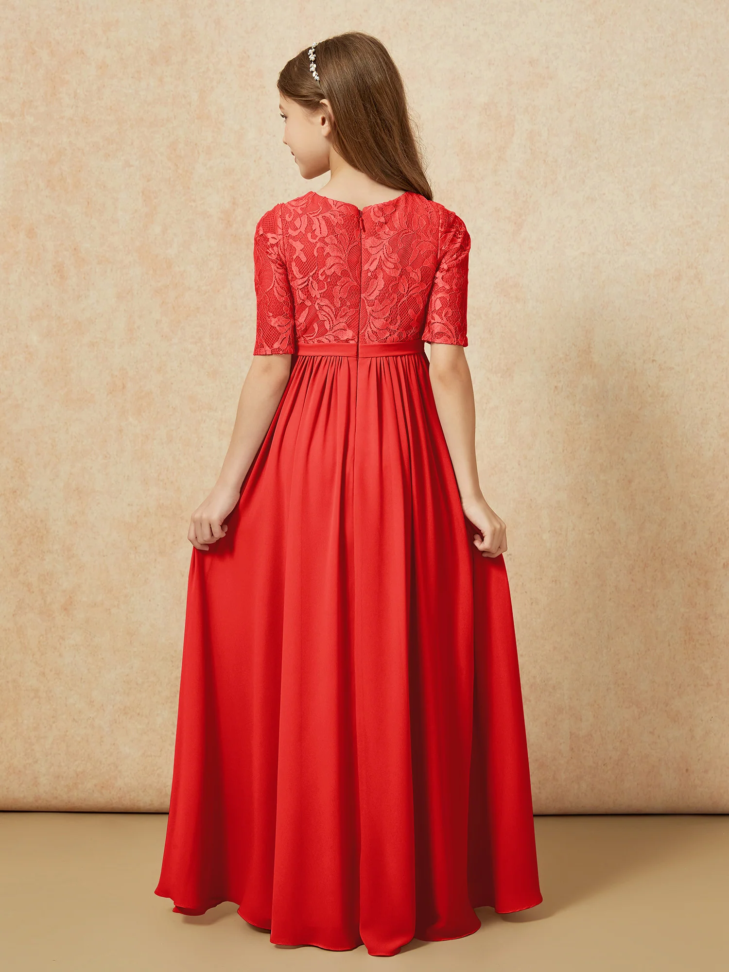 Half Sleeve Lace Top Chiffon Junior Bridesmaid Dresses Red - Image 2