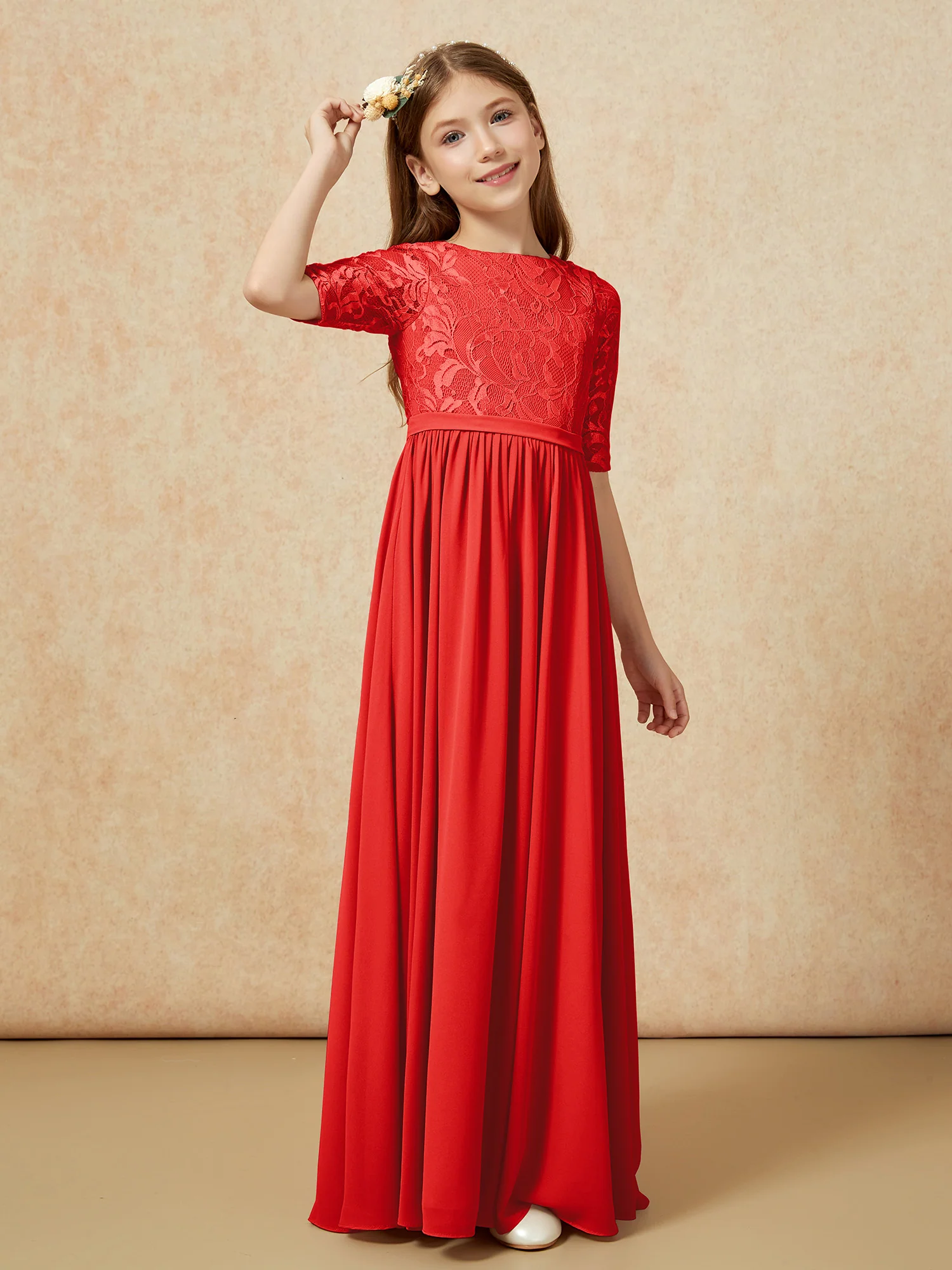 Half Sleeve Lace Top Chiffon Junior Bridesmaid Dresses Red - Image 3