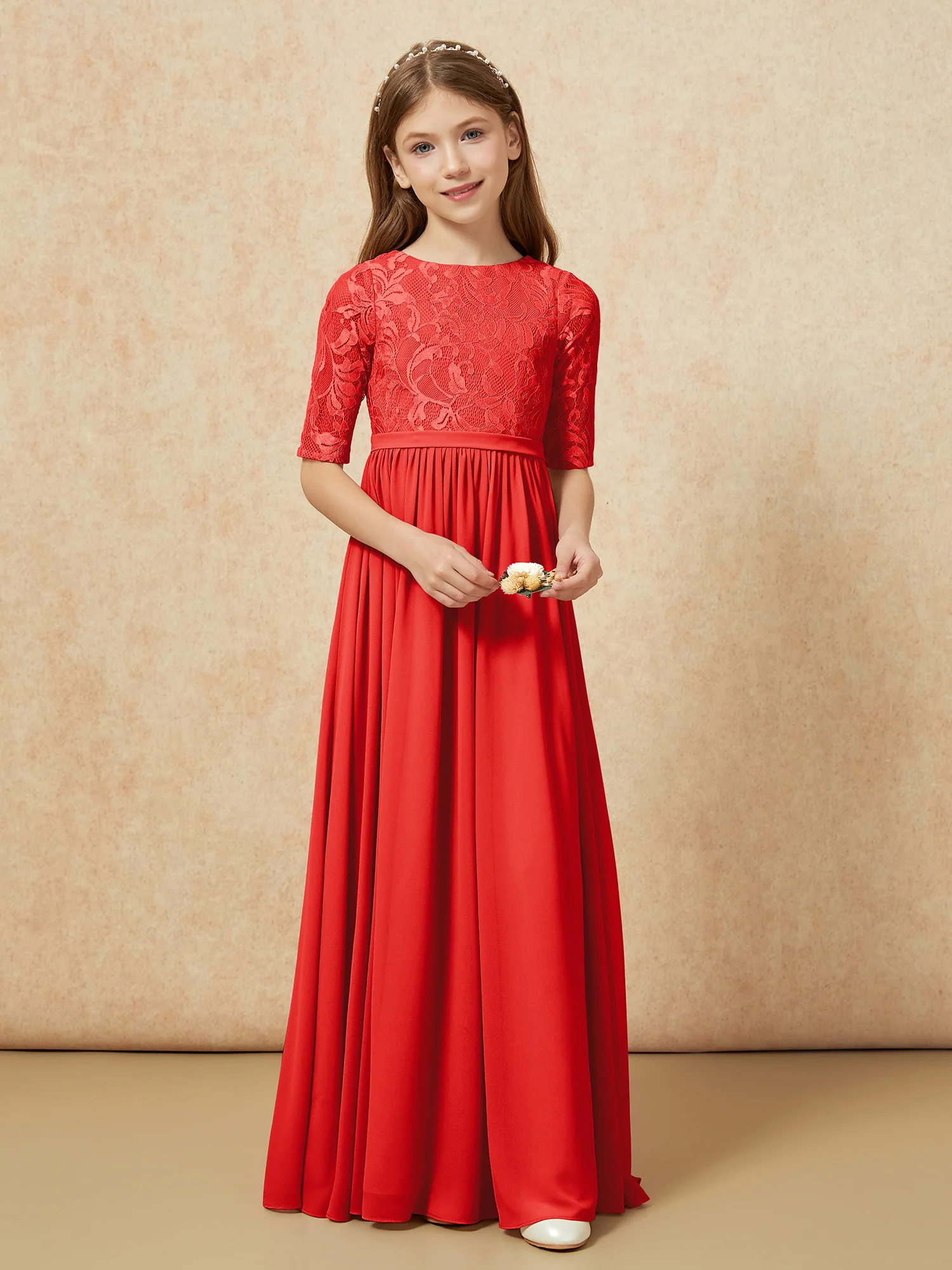 Half Sleeve Lace Top Chiffon Junior Bridesmaid Dresses Red - Image 4