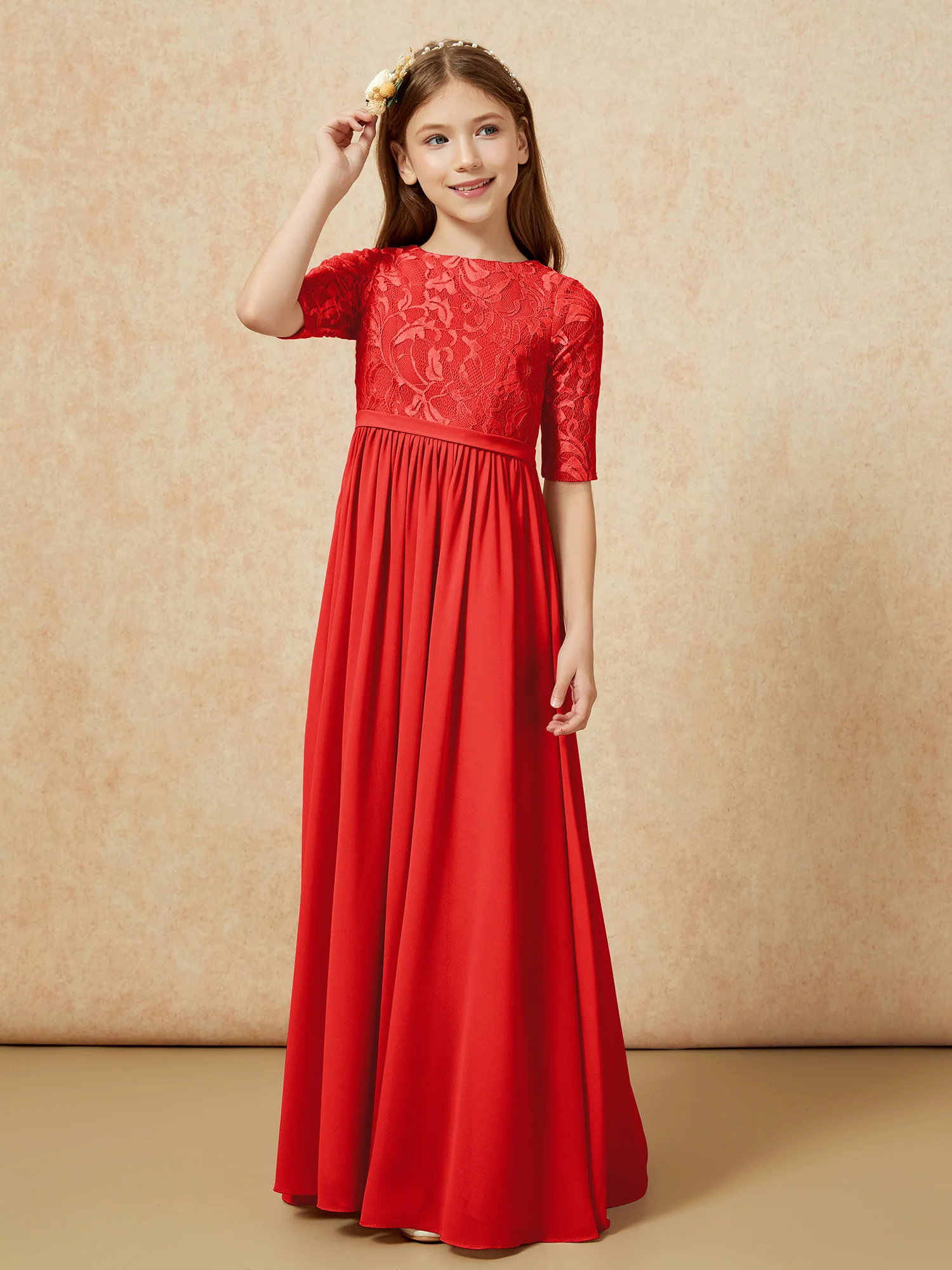 Half Sleeve Lace Top Chiffon Junior Bridesmaid Dresses Red - Image 5