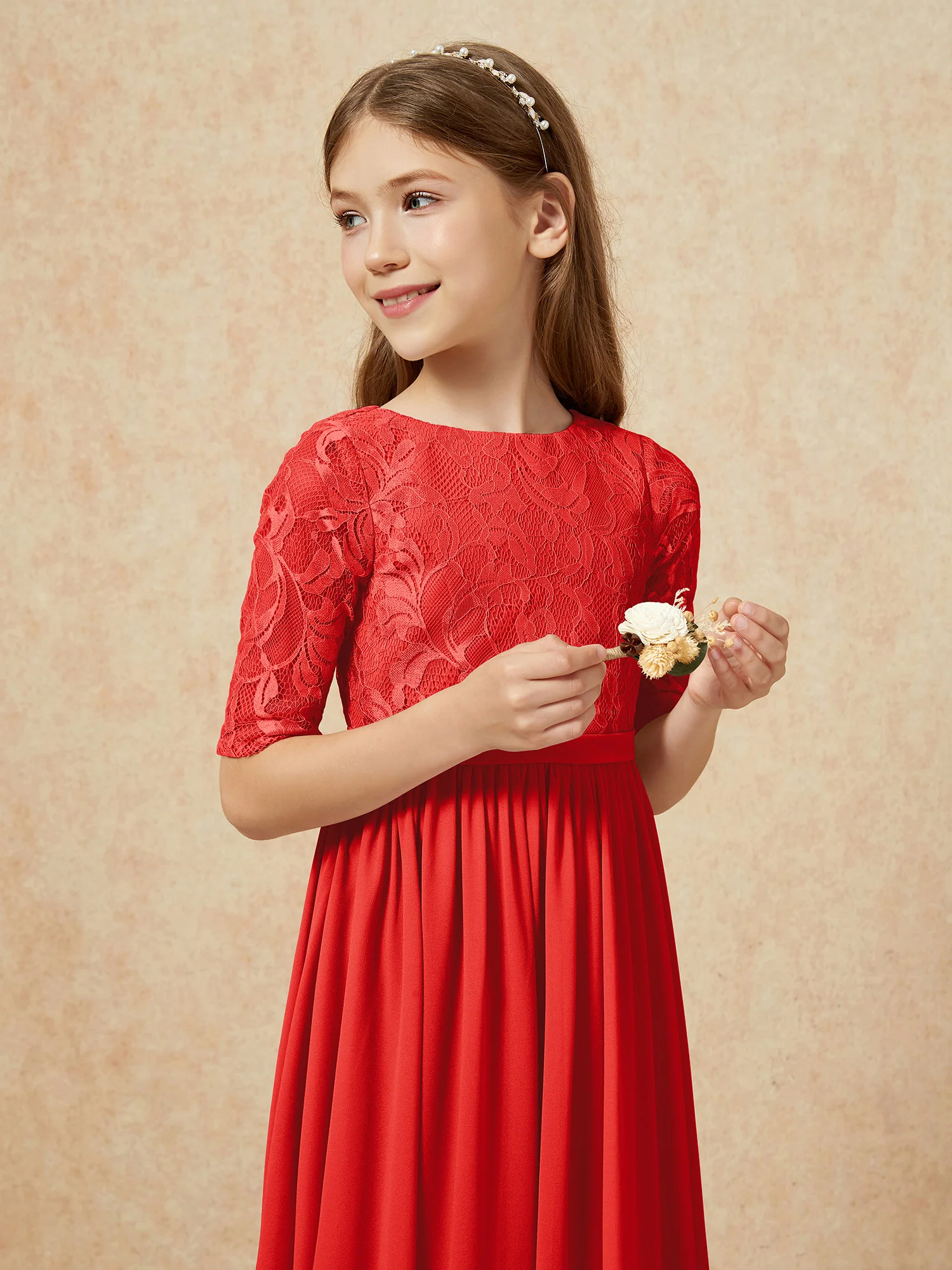 Half Sleeve Lace Top Chiffon Junior Bridesmaid Dresses Red - Image 6