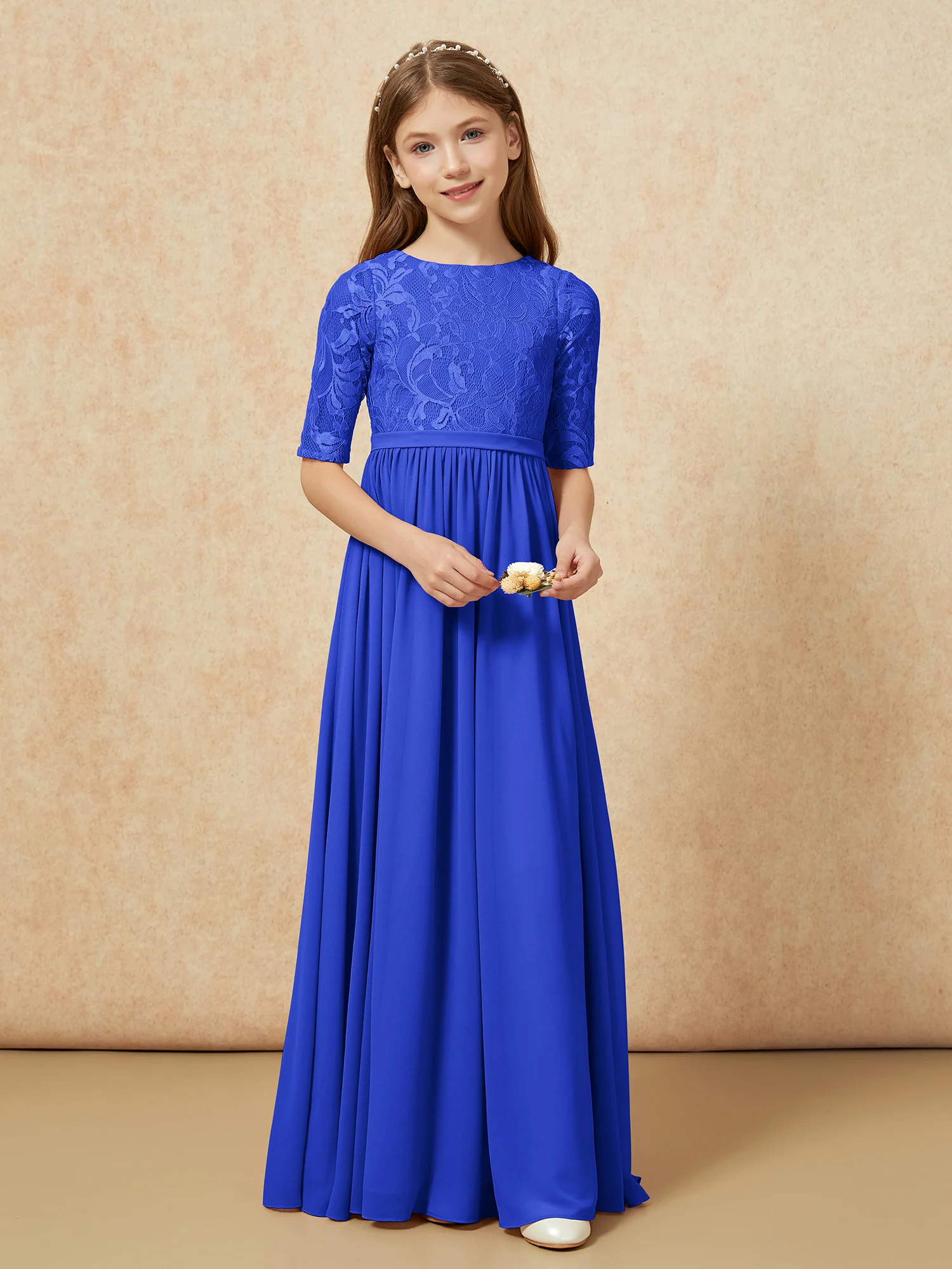 Half Sleeve Lace Top Chiffon Junior Bridesmaid Dresses Royal Blue - Image 4