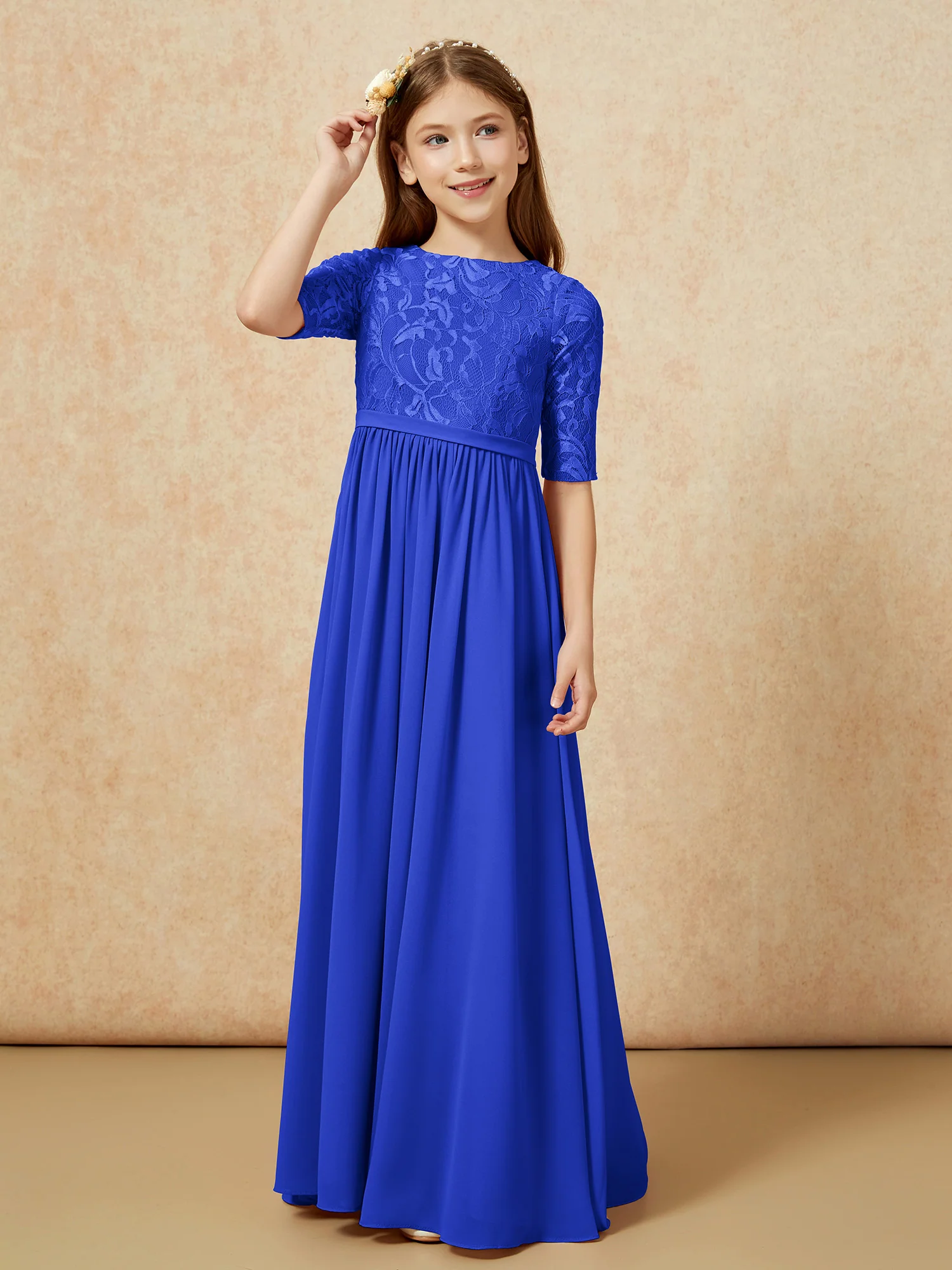 Half Sleeve Lace Top Chiffon Junior Bridesmaid Dresses Royal Blue - Image 5