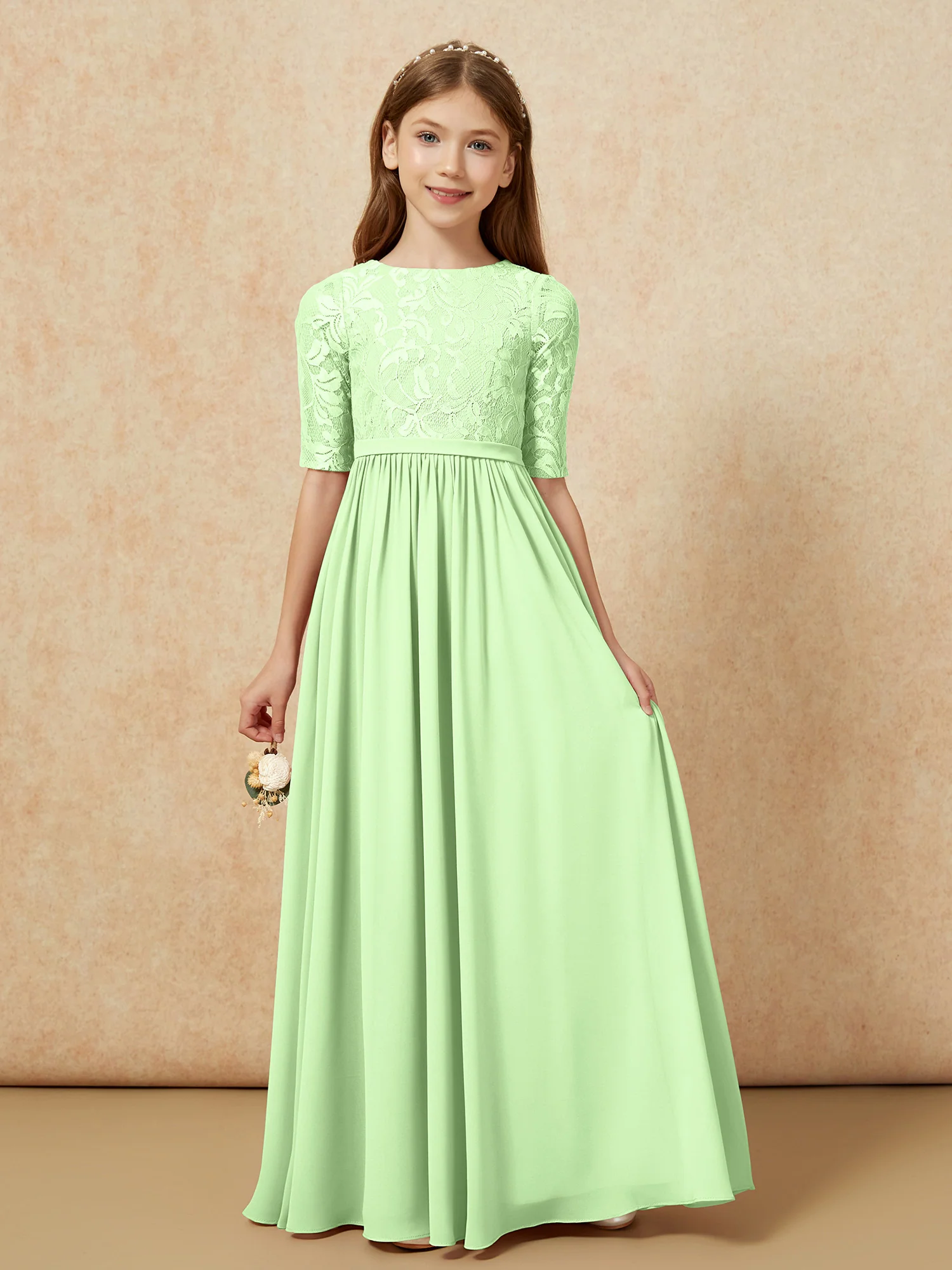Half Sleeve Lace Top Chiffon Junior Bridesmaid Dresses Sage