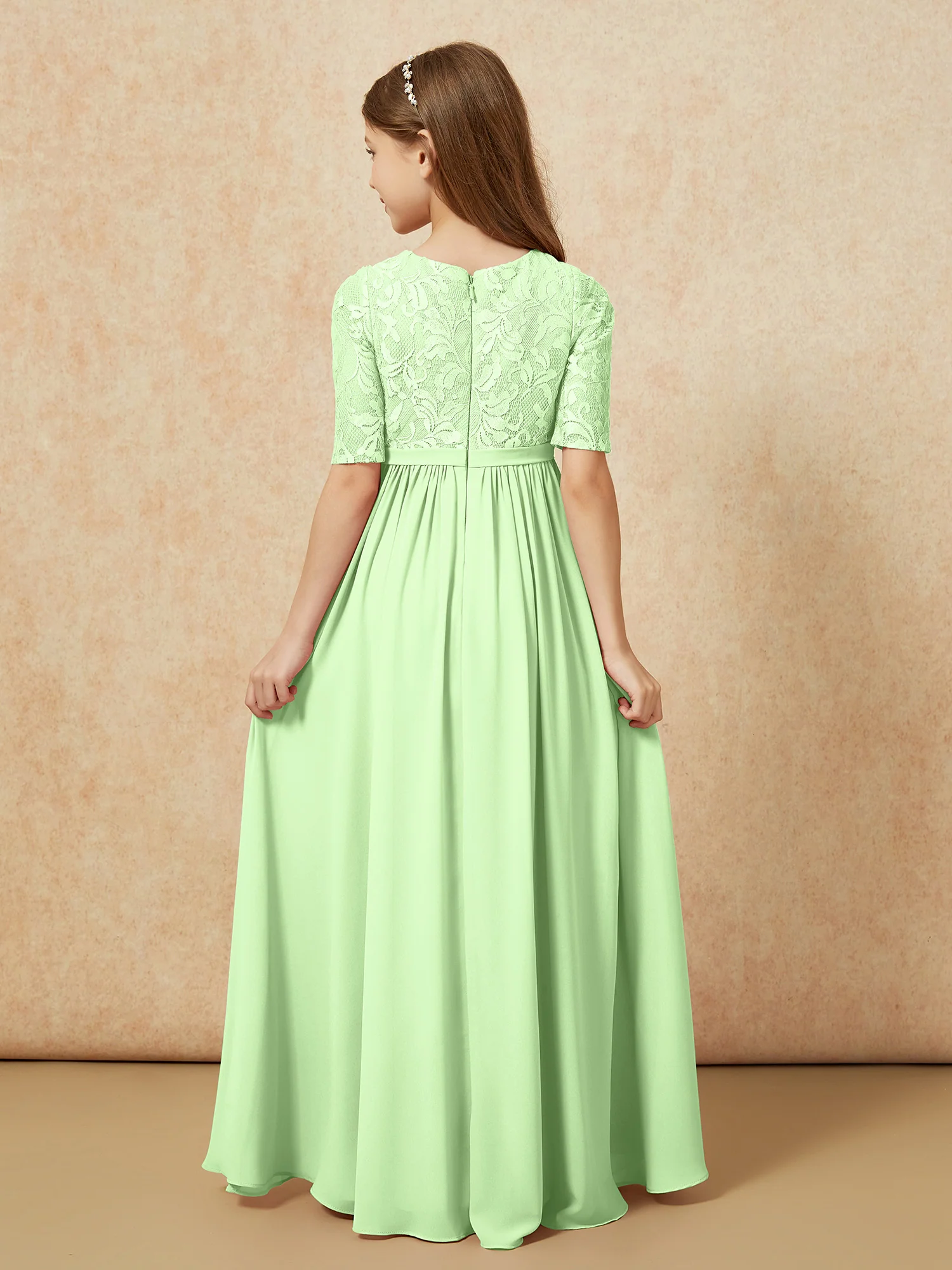 Half Sleeve Lace Top Chiffon Junior Bridesmaid Dresses Sage - Image 2
