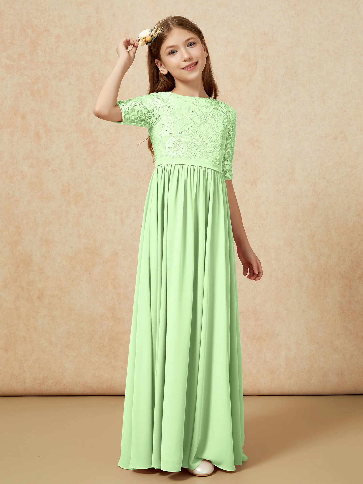 Half Sleeve Lace Top Chiffon Junior Bridesmaid Dresses Sage - Image 3
