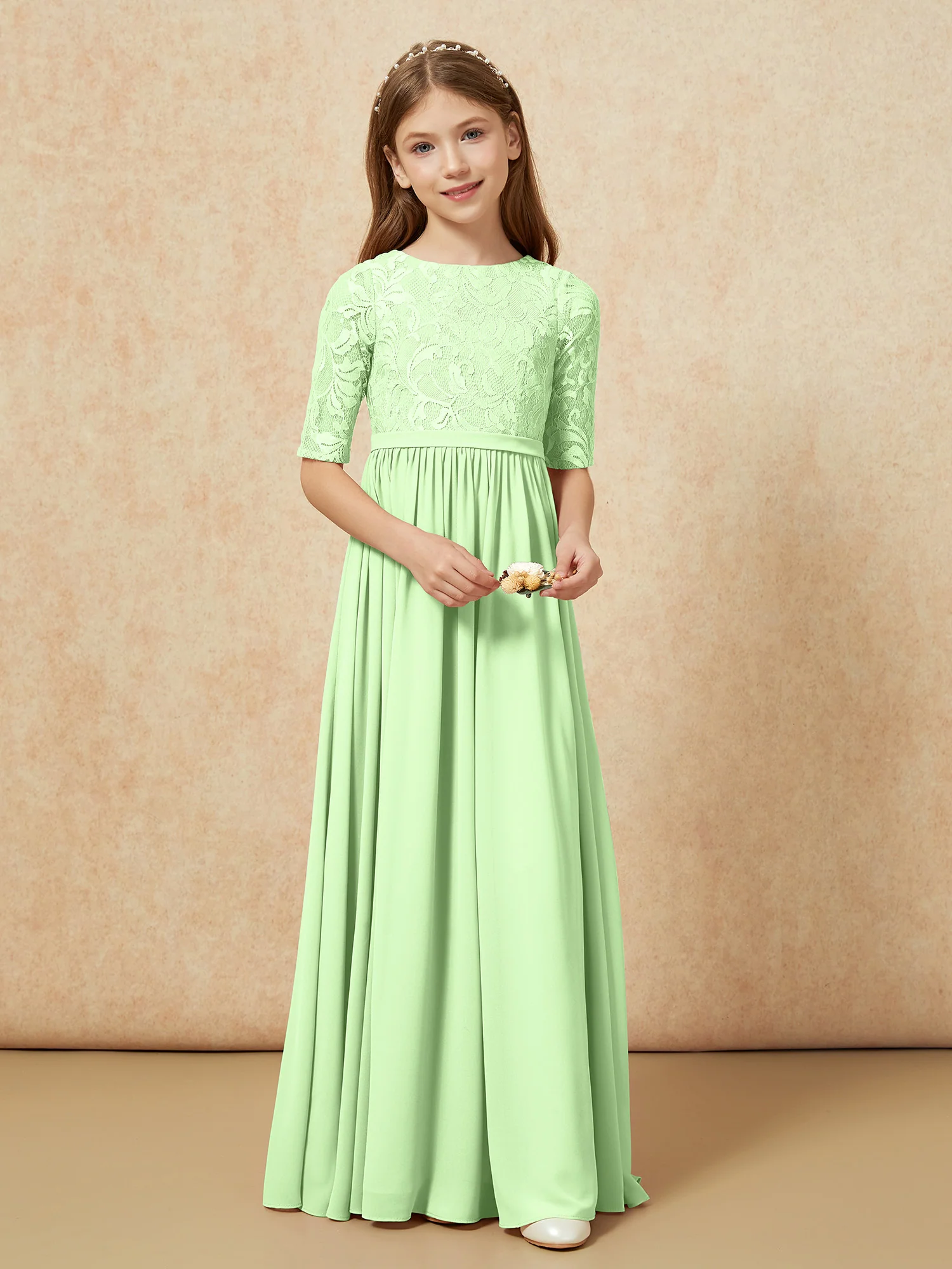 Half Sleeve Lace Top Chiffon Junior Bridesmaid Dresses Sage - Image 4