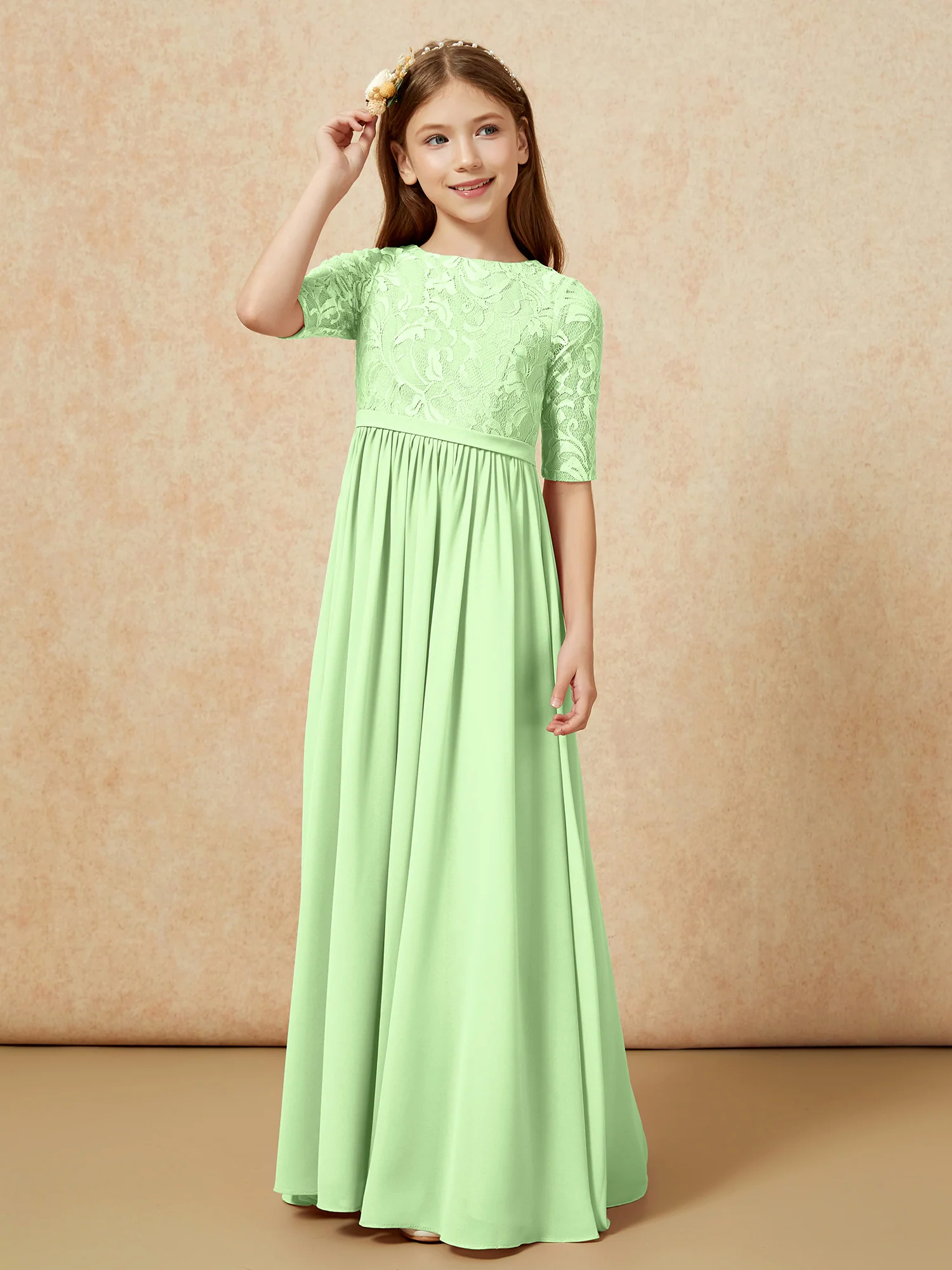 Half Sleeve Lace Top Chiffon Junior Bridesmaid Dresses Sage - Image 5
