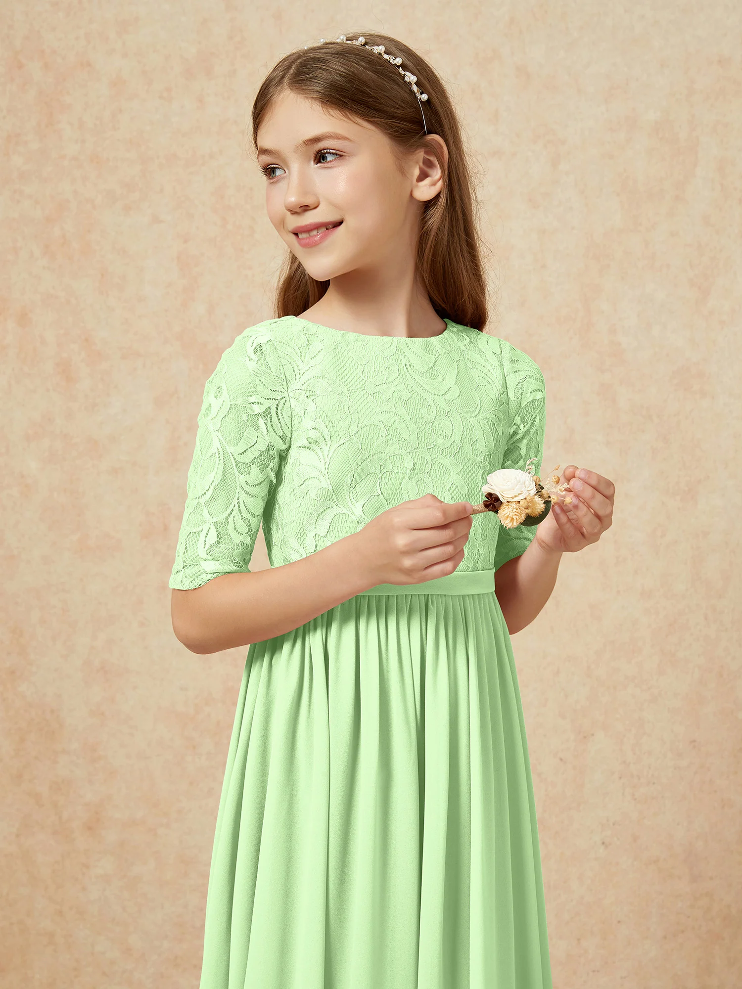 Half Sleeve Lace Top Chiffon Junior Bridesmaid Dresses Sage - Image 6