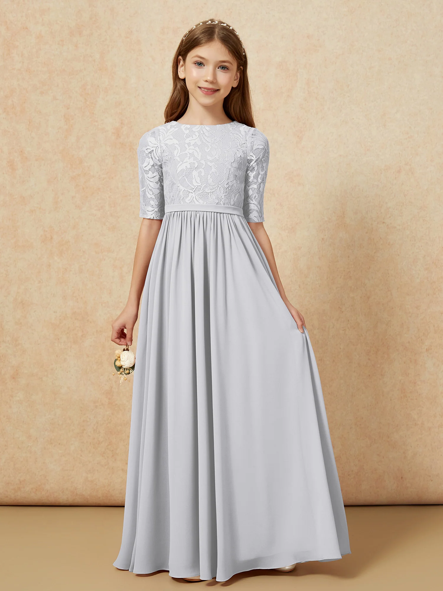 Half Sleeve Lace Top Chiffon Junior Bridesmaid Dresses Silver