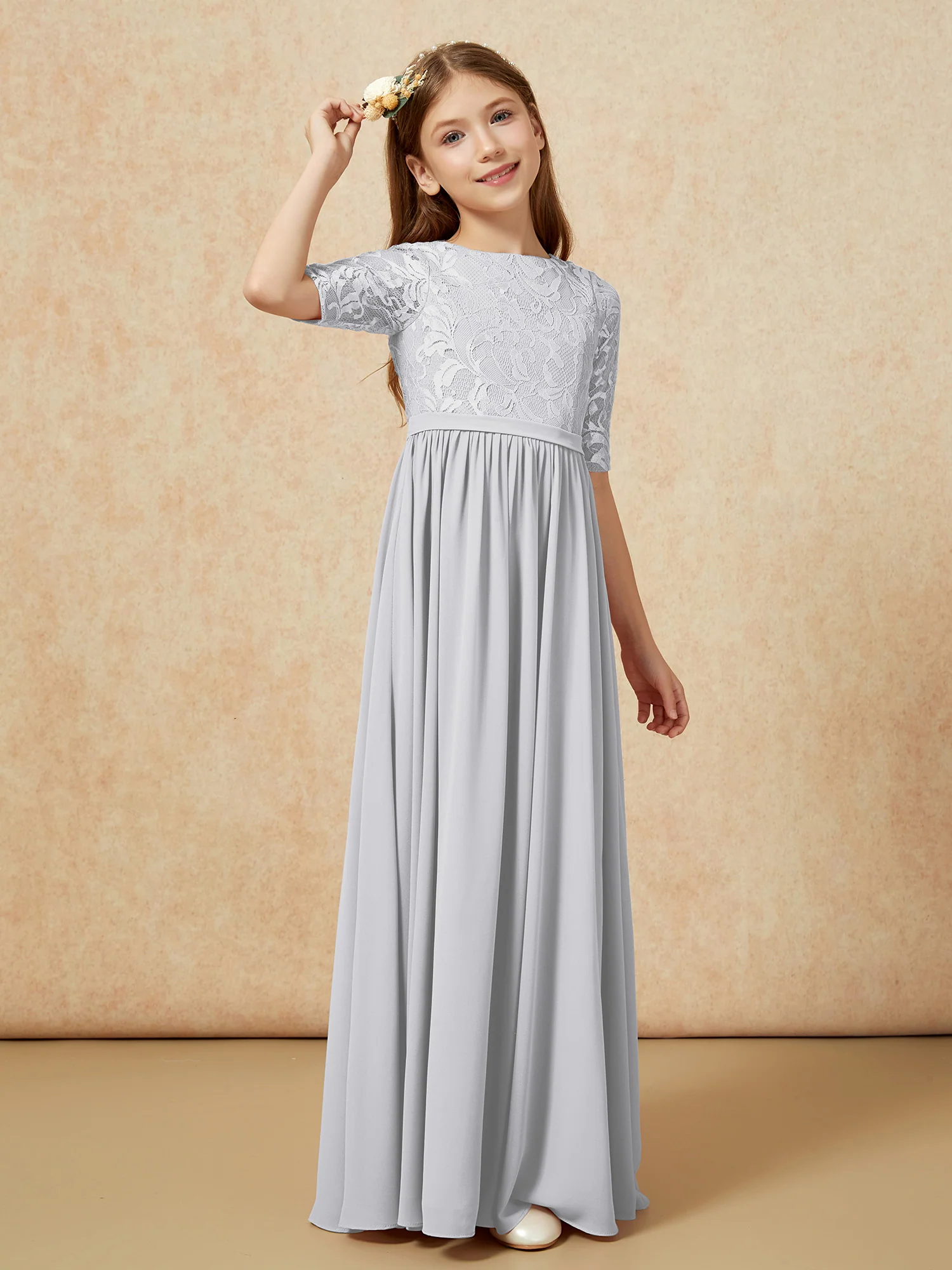 Half Sleeve Lace Top Chiffon Junior Bridesmaid Dresses Silver - Image 3