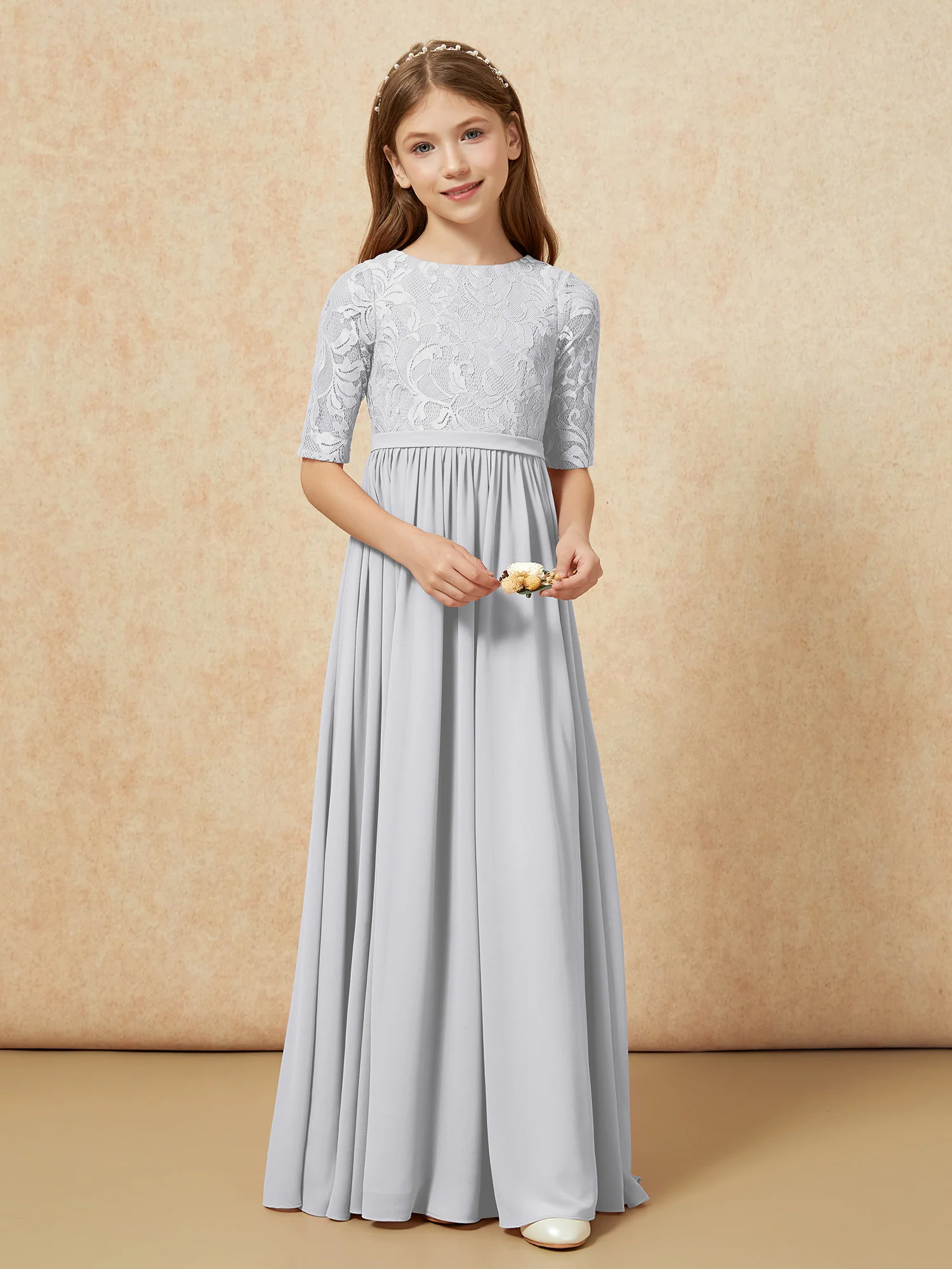 Half Sleeve Lace Top Chiffon Junior Bridesmaid Dresses Silver - Image 4