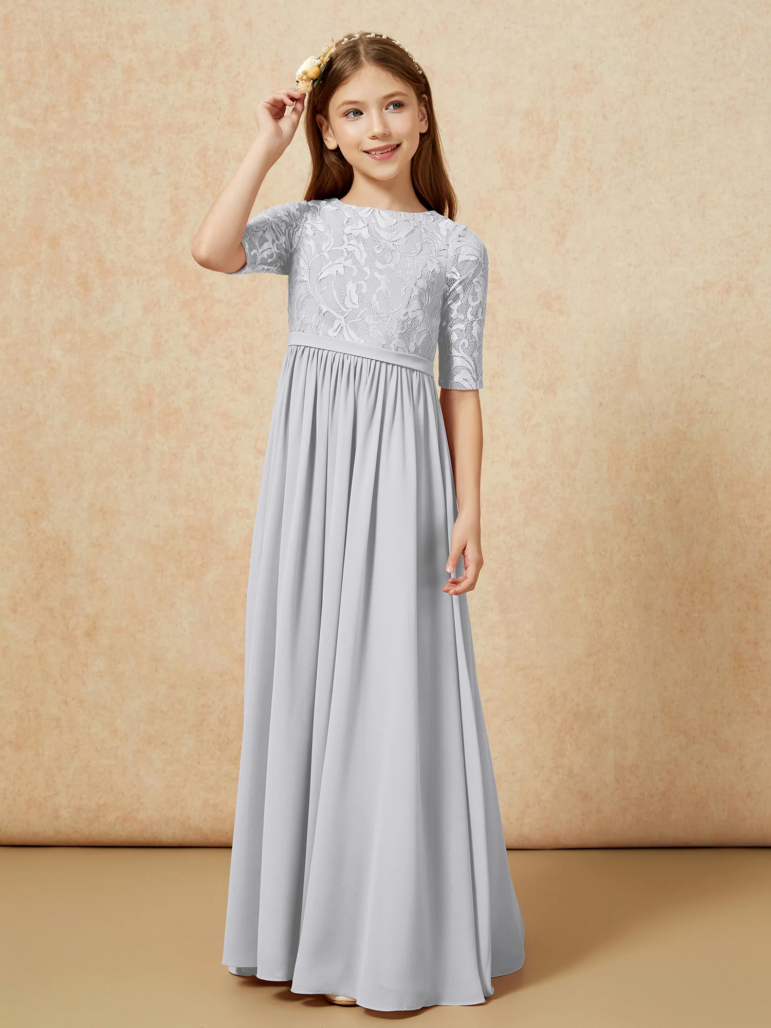 Half Sleeve Lace Top Chiffon Junior Bridesmaid Dresses Silver - Image 5