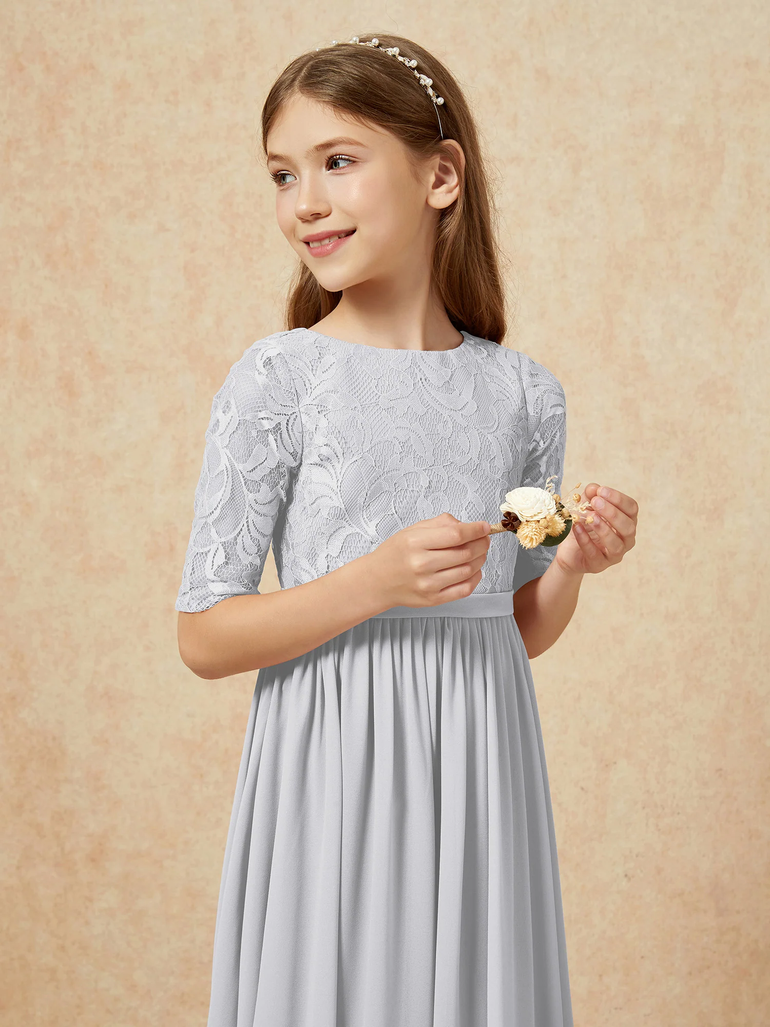 Half Sleeve Lace Top Chiffon Junior Bridesmaid Dresses Silver - Image 6