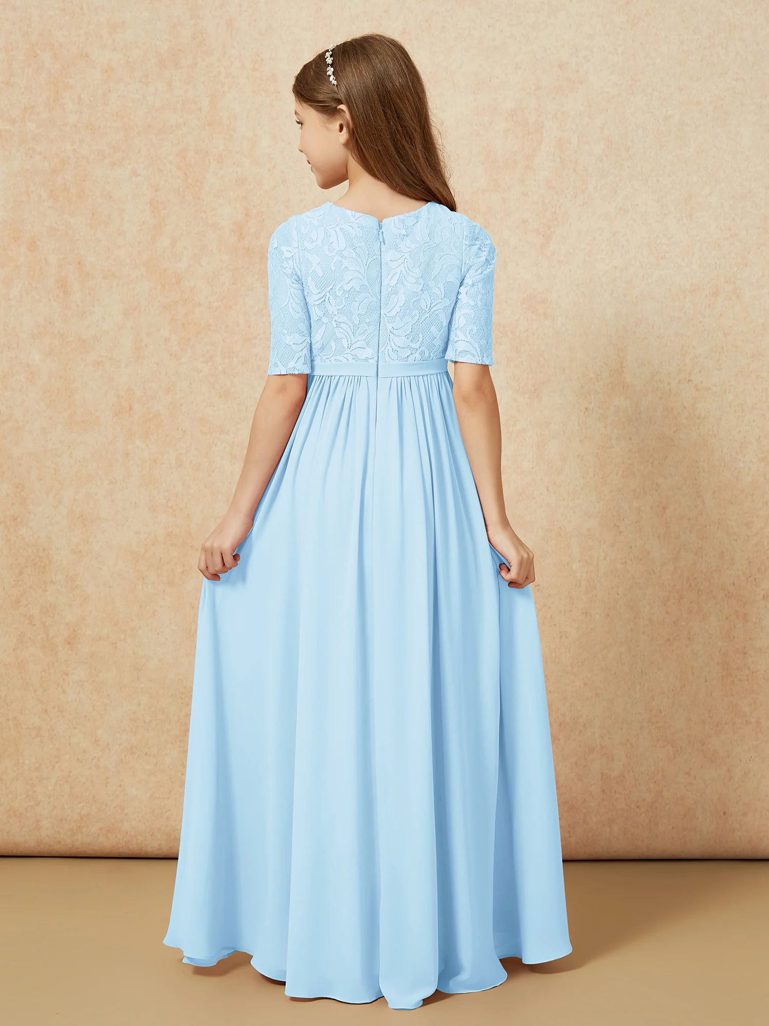 Half Sleeve Lace Top Chiffon Junior Bridesmaid Dresses Sky Blue - Image 2
