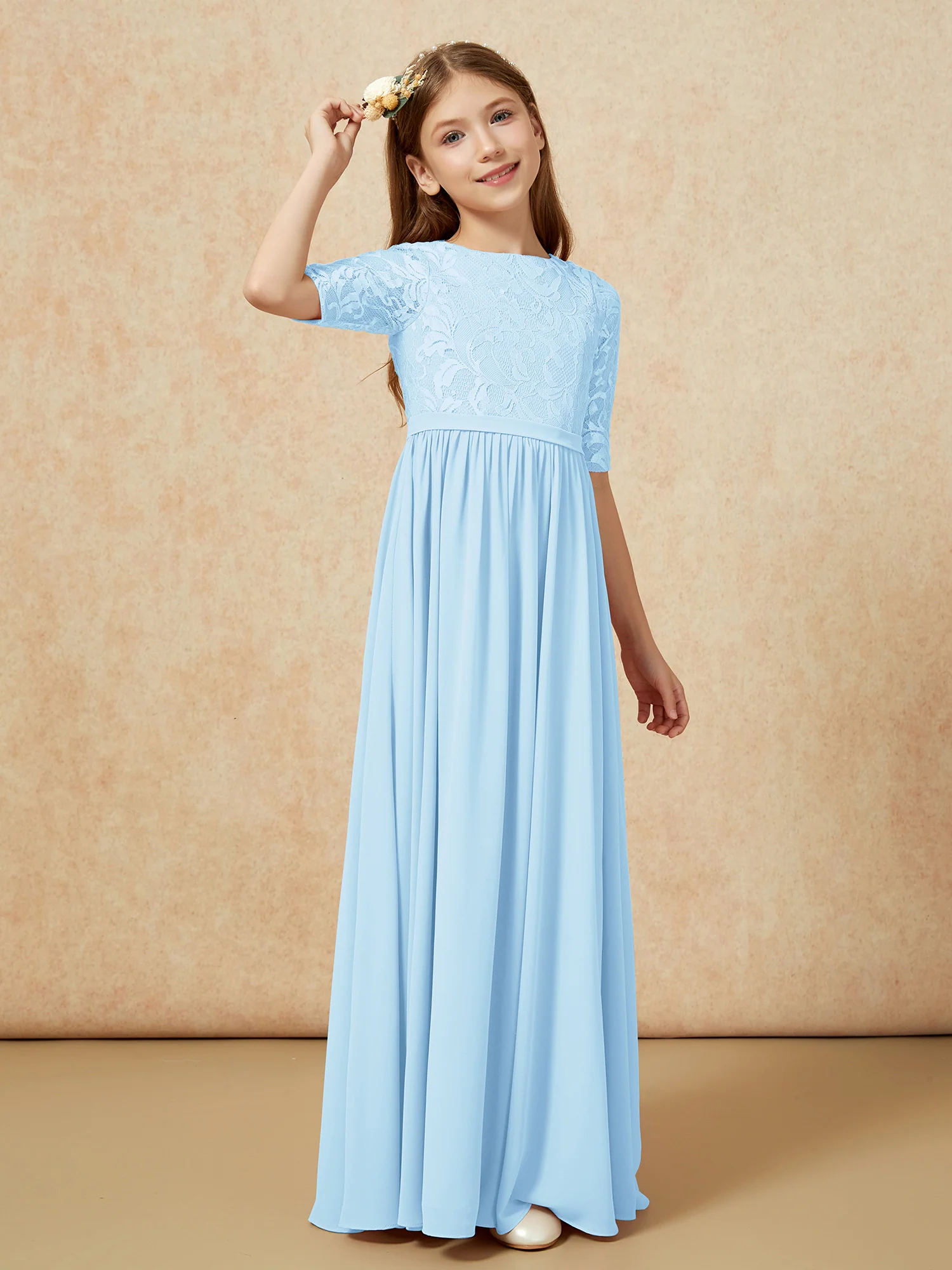 Half Sleeve Lace Top Chiffon Junior Bridesmaid Dresses Sky Blue - Image 3