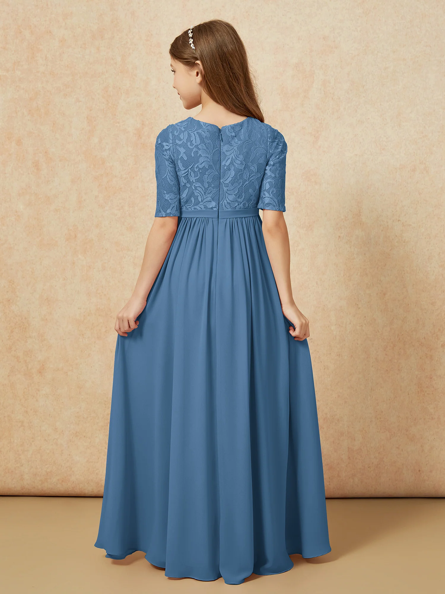 Half Sleeve Lace Top Chiffon Junior Bridesmaid Dresses Slate Blue - Image 2