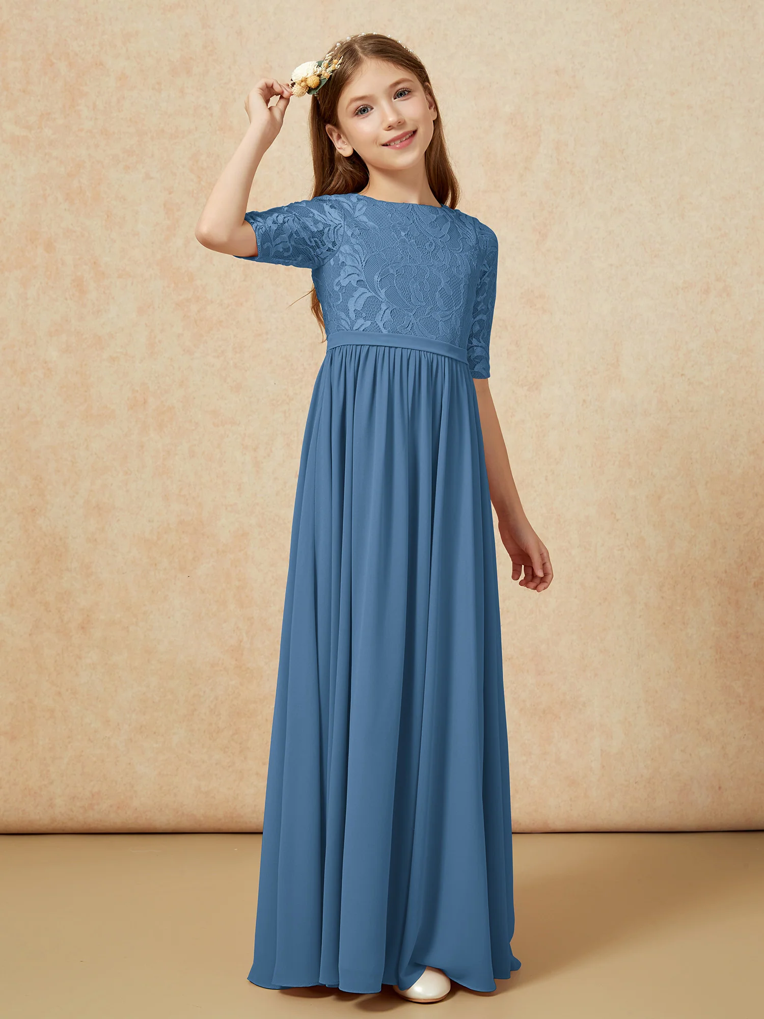 Half Sleeve Lace Top Chiffon Junior Bridesmaid Dresses Slate Blue - Image 3