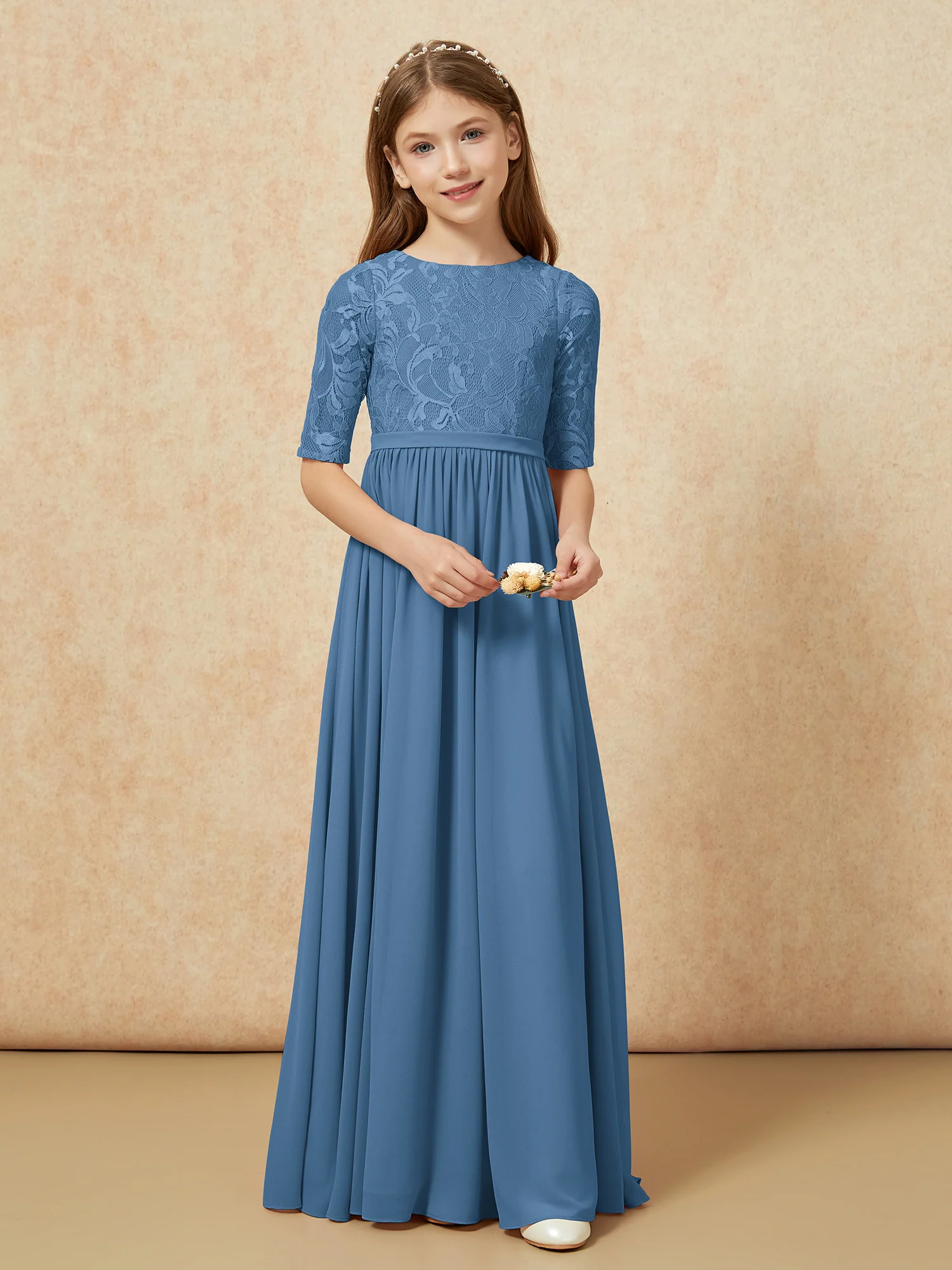 Half Sleeve Lace Top Chiffon Junior Bridesmaid Dresses Slate Blue - Image 4