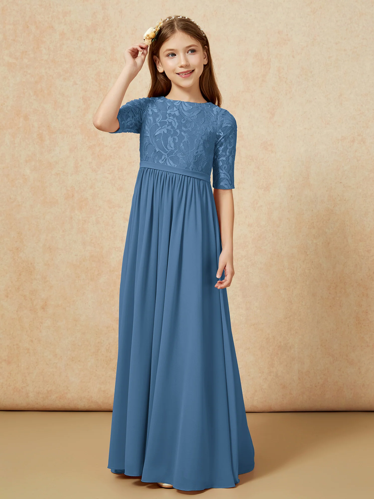 Half Sleeve Lace Top Chiffon Junior Bridesmaid Dresses Slate Blue - Image 5