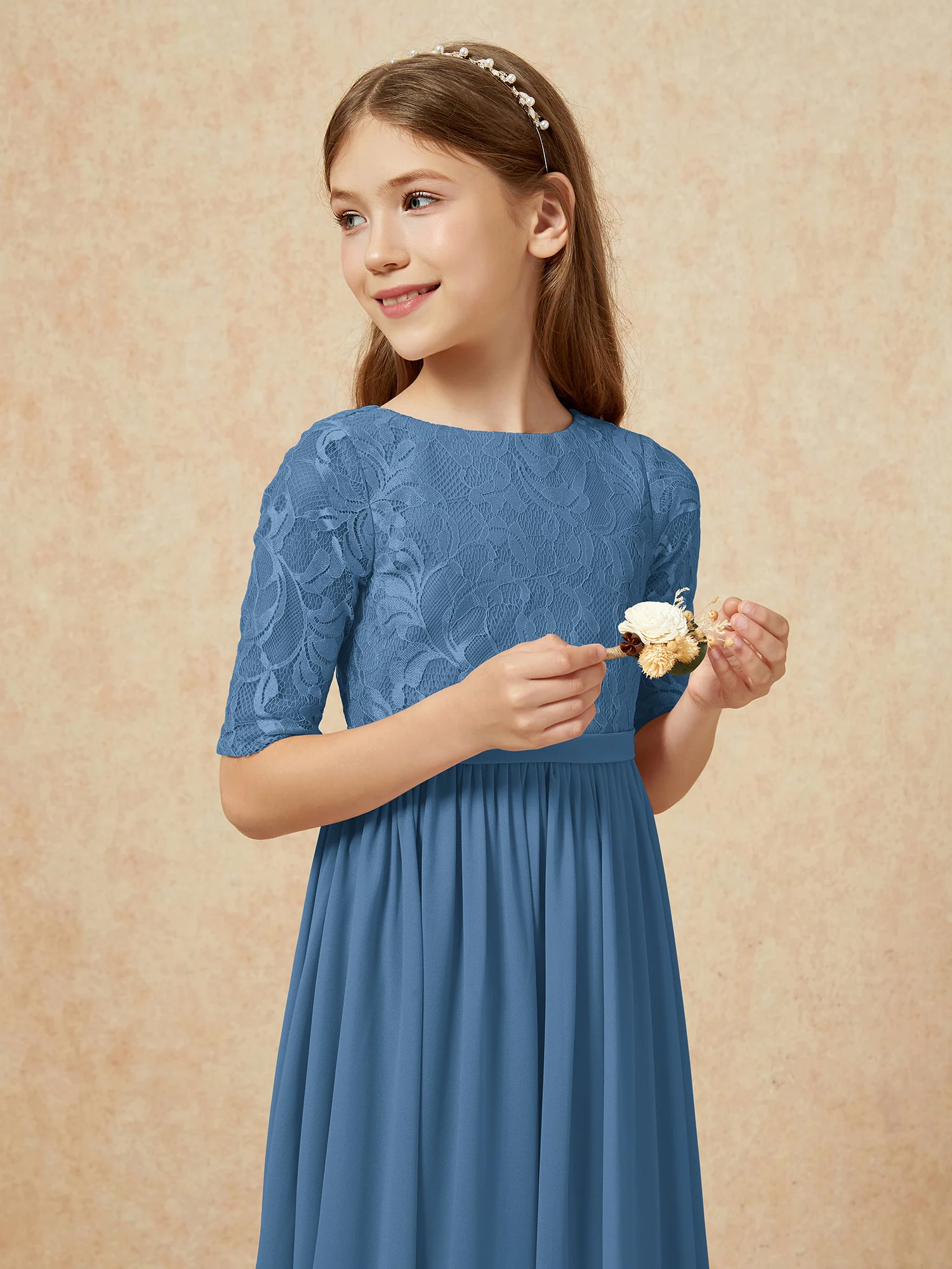 Half Sleeve Lace Top Chiffon Junior Bridesmaid Dresses Slate Blue - Image 6