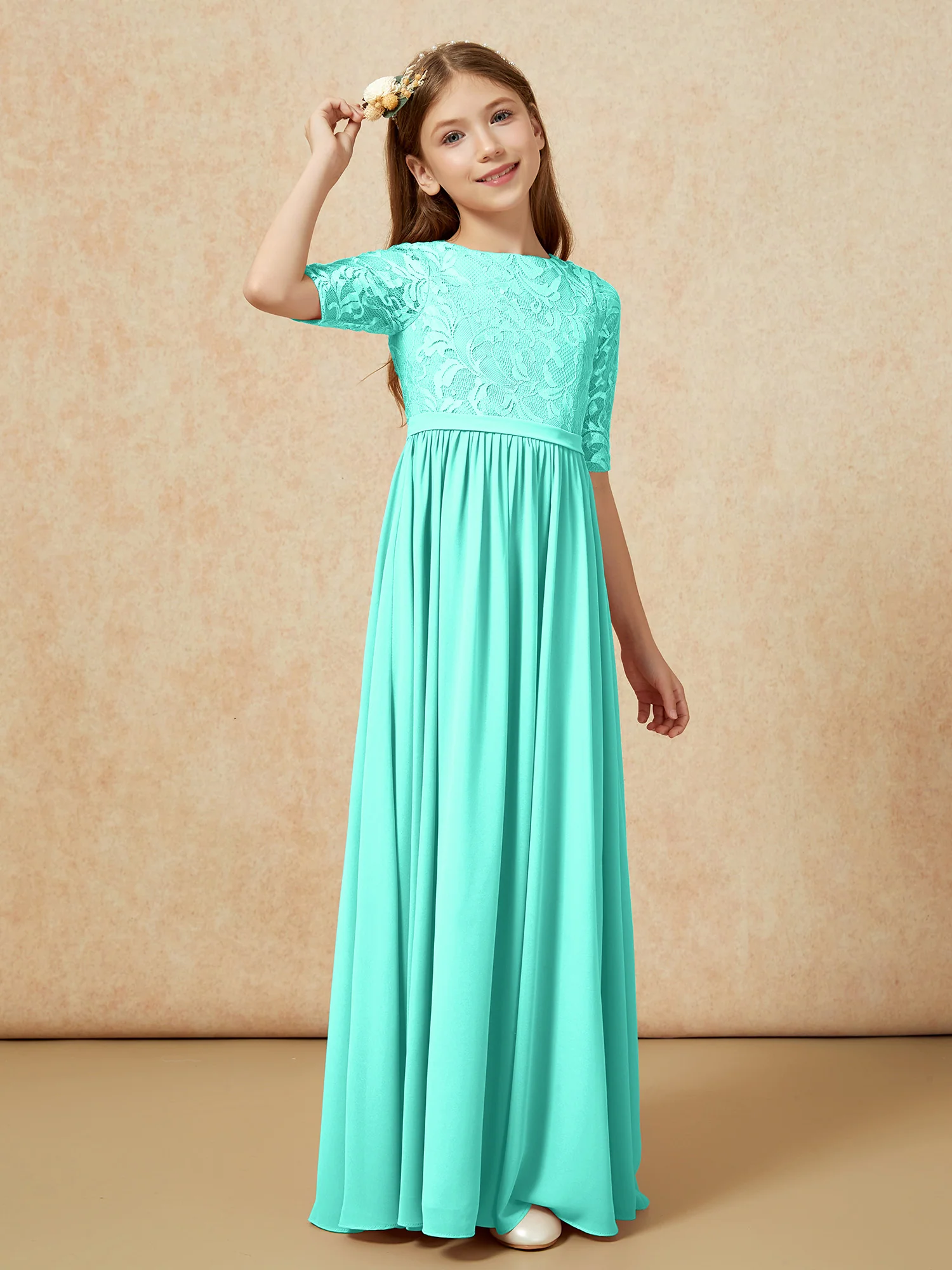 Half Sleeve Lace Top Chiffon Junior Bridesmaid Dresses Spa - Image 3