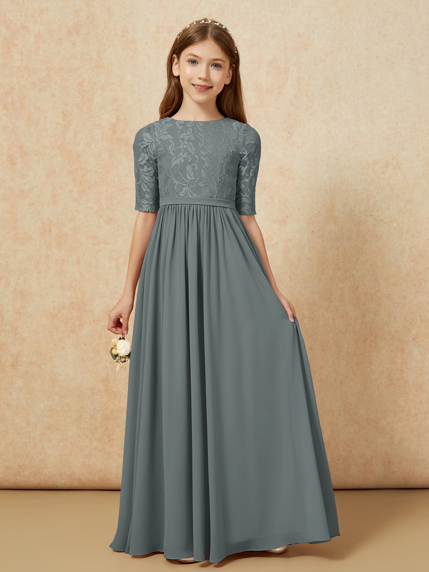 Half Sleeve Lace Top Chiffon Junior Bridesmaid Dresses Steel Grey
